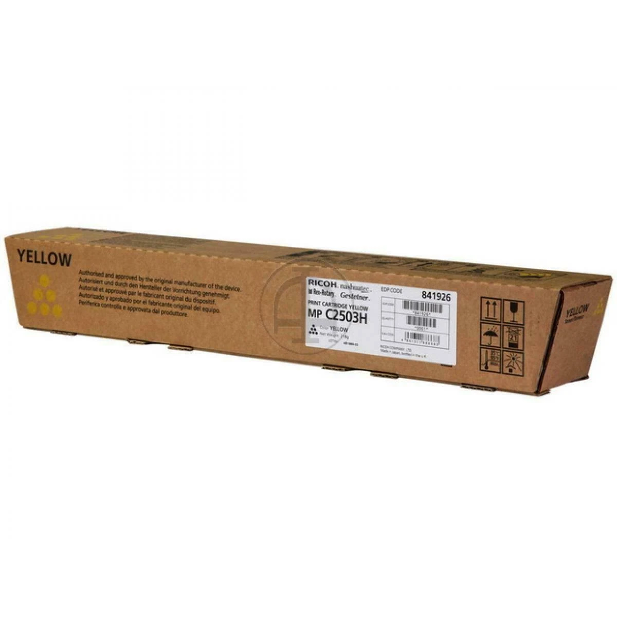 Een bruine doos met een geel label. Bevat een tonercartridge. Heeft verschillende labels en tekst, waaronder 'YELLOW'.