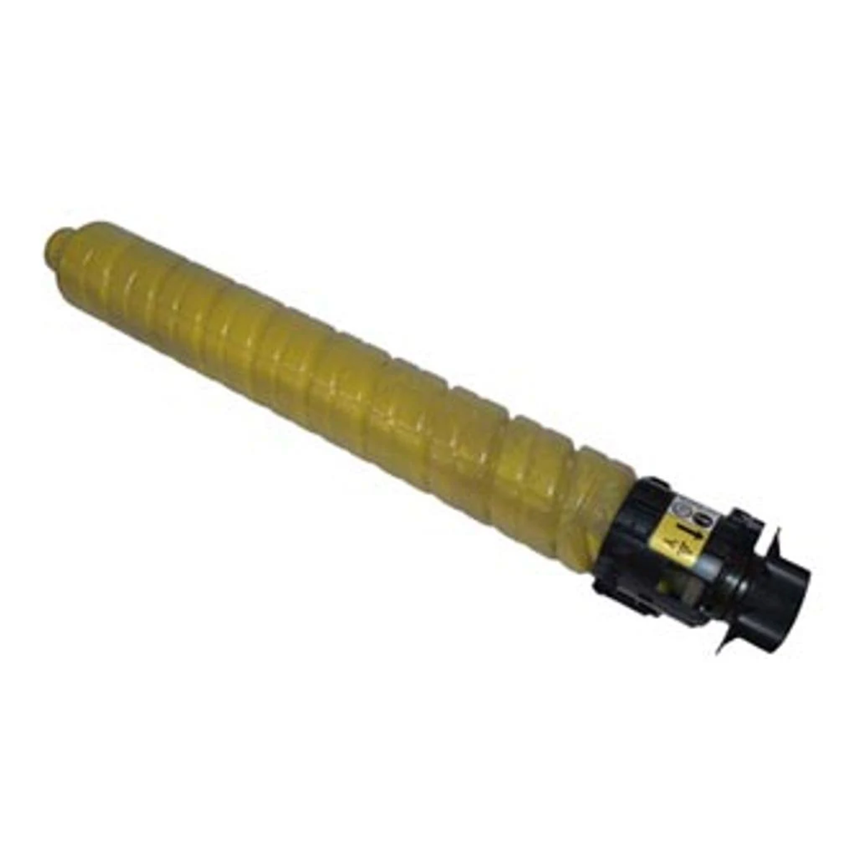 Een gele printercartridge met zwarte uiteinden. Het ligt diagonaal op een witte achtergrond.