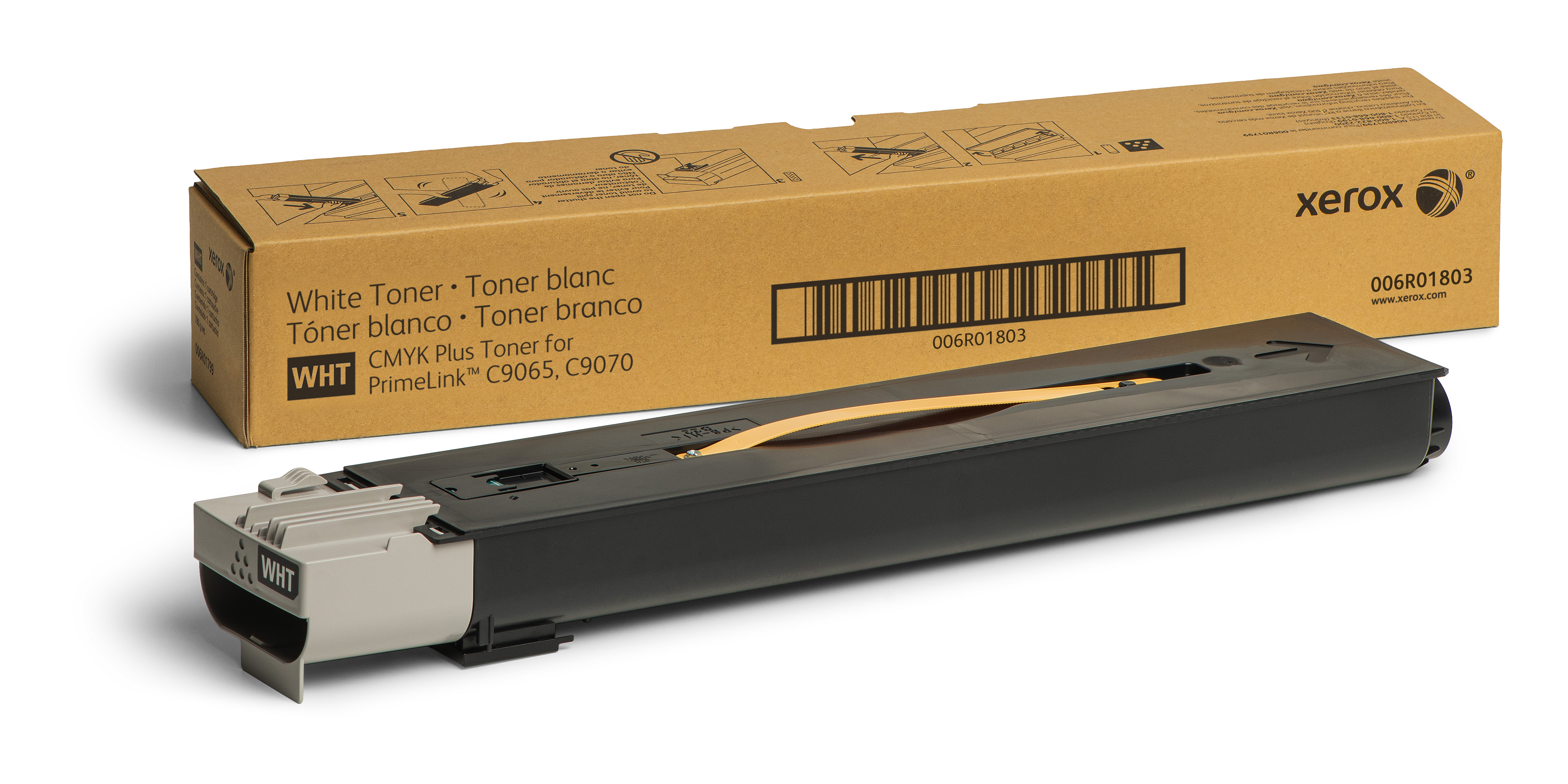 Scatola toner Xerox bianca e marrone su bianco. La scatola ha testo e una cartuccia toner.