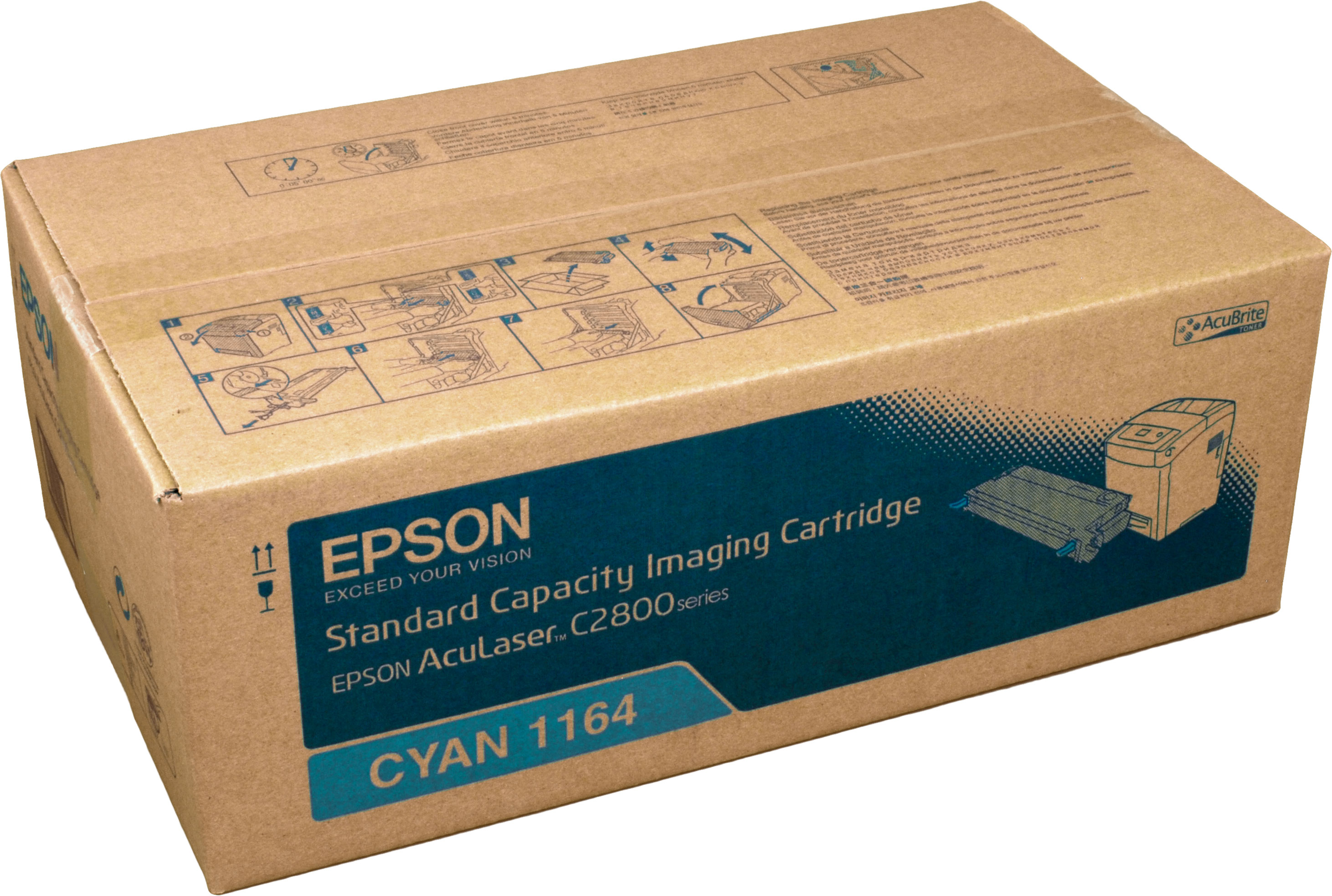 Scatola cartuccia toner Epson marrone con testo ciano. La scatola è rettangolare e aperta.