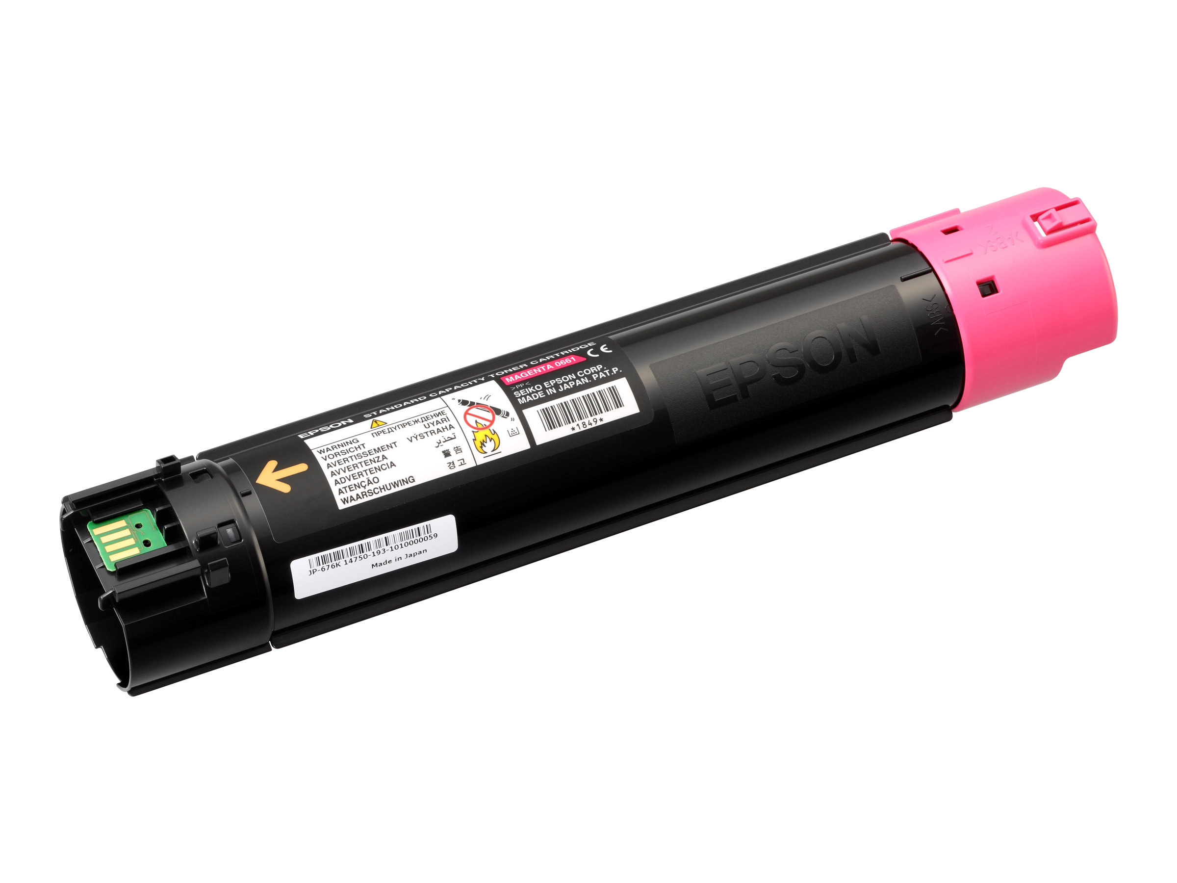 Cartuccia toner Epson nera e rosa su bianco. La cartuccia è cilindrica, nera e rosa.