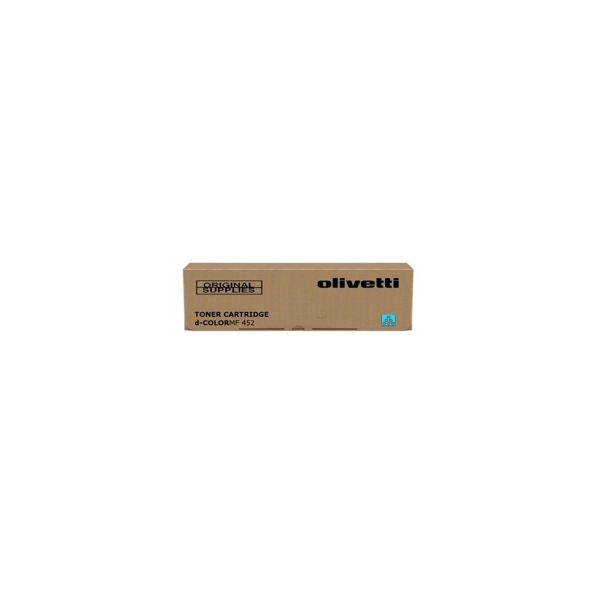 Cartuccia toner Olivetti in scatola di cartone, marchio Olivetti, sfondo bianco.