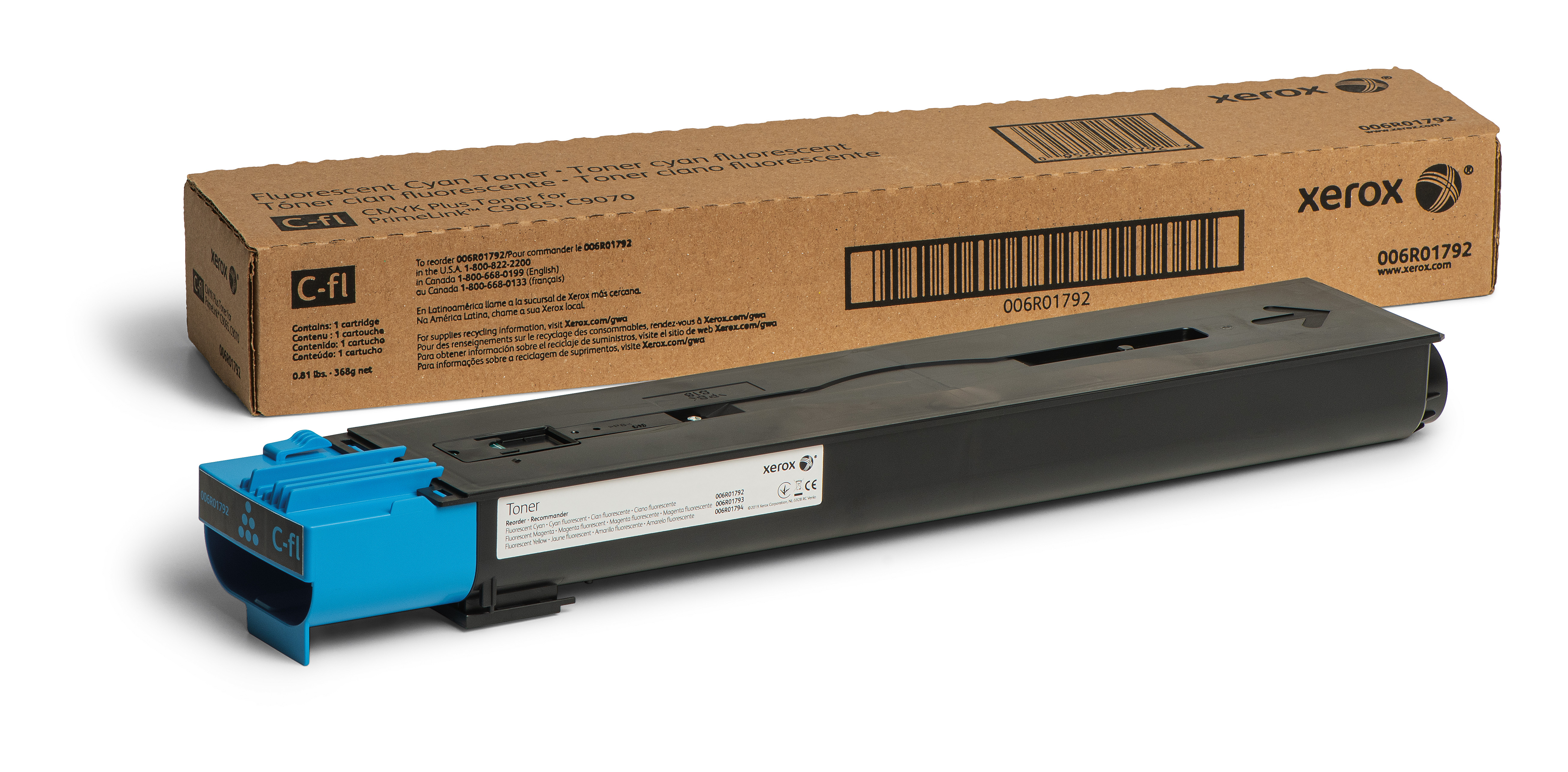 Cartuccia toner Xerox e scatola. Testo: Toner ciano fluorescente. Colore: ciano/marrone.