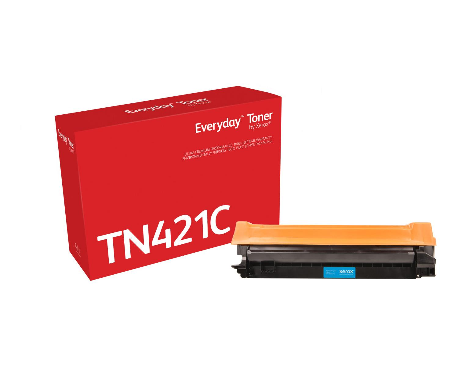 Xerox tonerbox en cartridge. Rode doos met cyaan cartridge. Witte achtergrond.