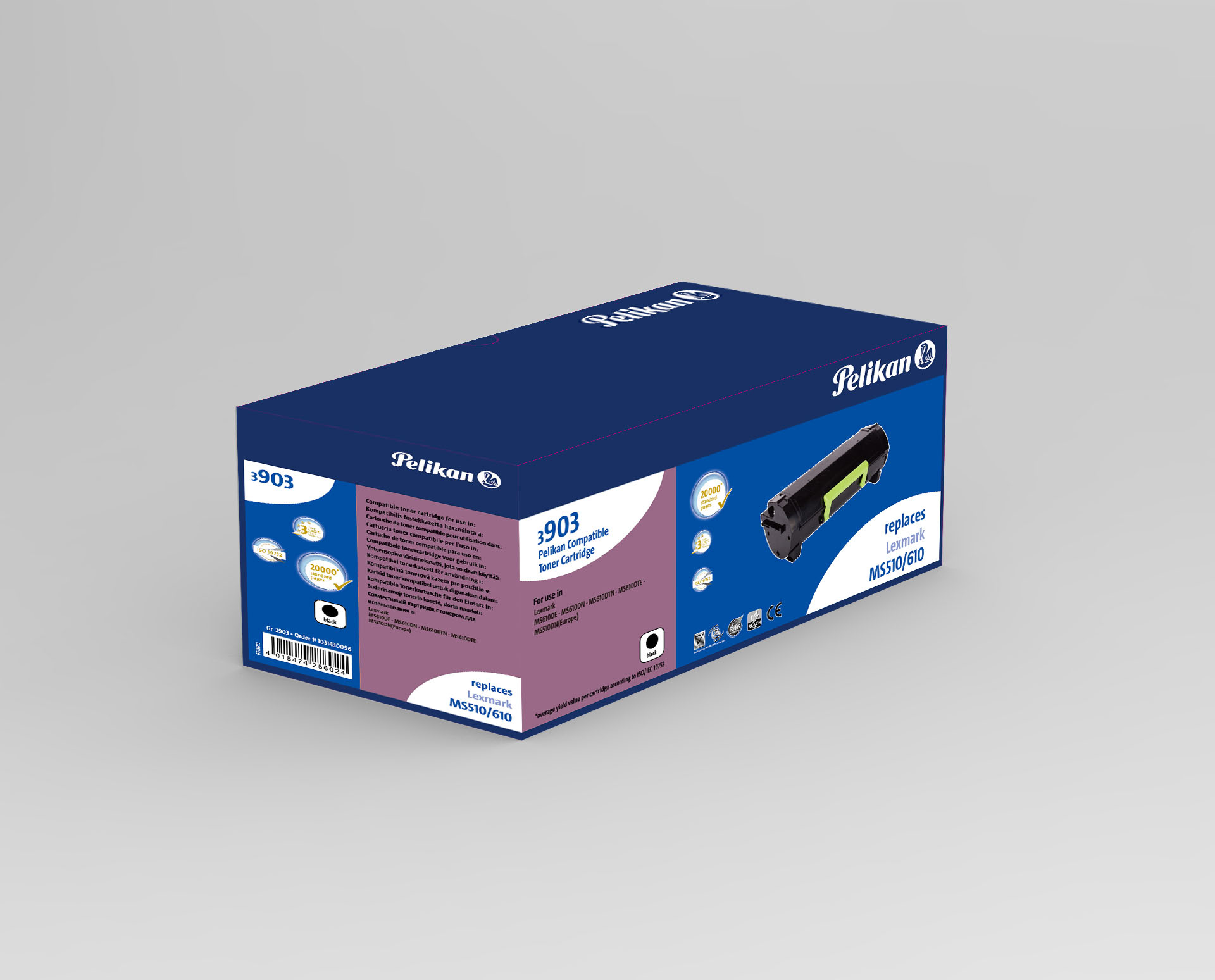 Scatola cartucce inchiostro Pelikan blu scuro con testo e immagine.