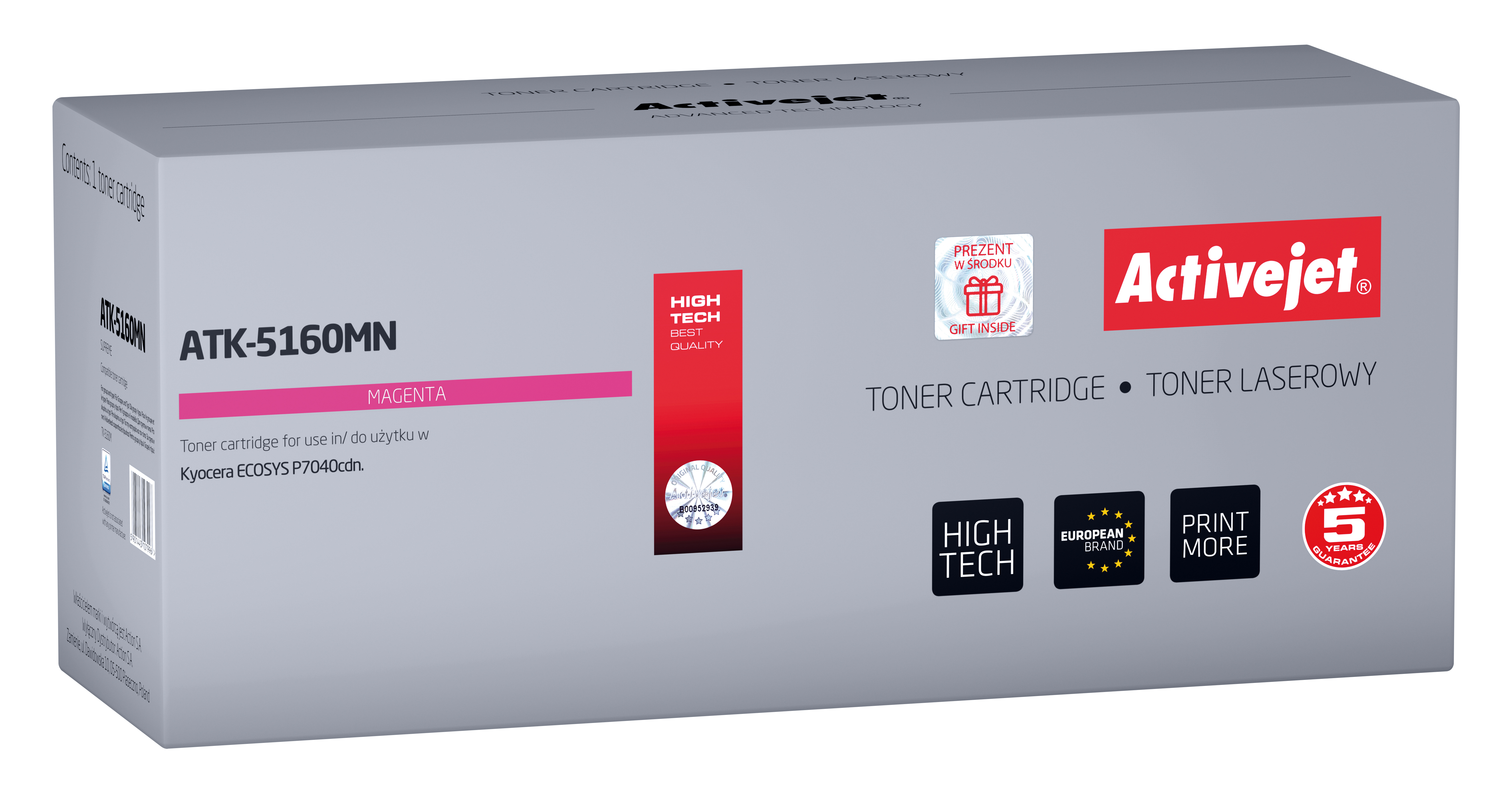 Una caja de cartuchos de tóner gris y magenta con Activejet y otro texto.