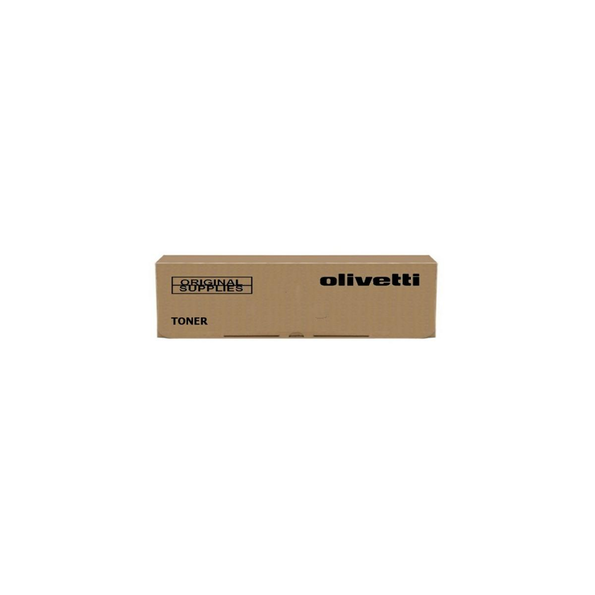 Una scatola di toner Olivetti di cartone su sfondo bianco.