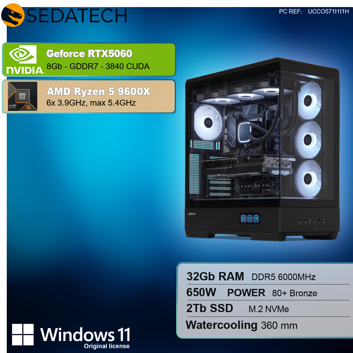 PC gaming con AMD Ryzen 5, RTX 5060 e raffreddamento a liquido.
