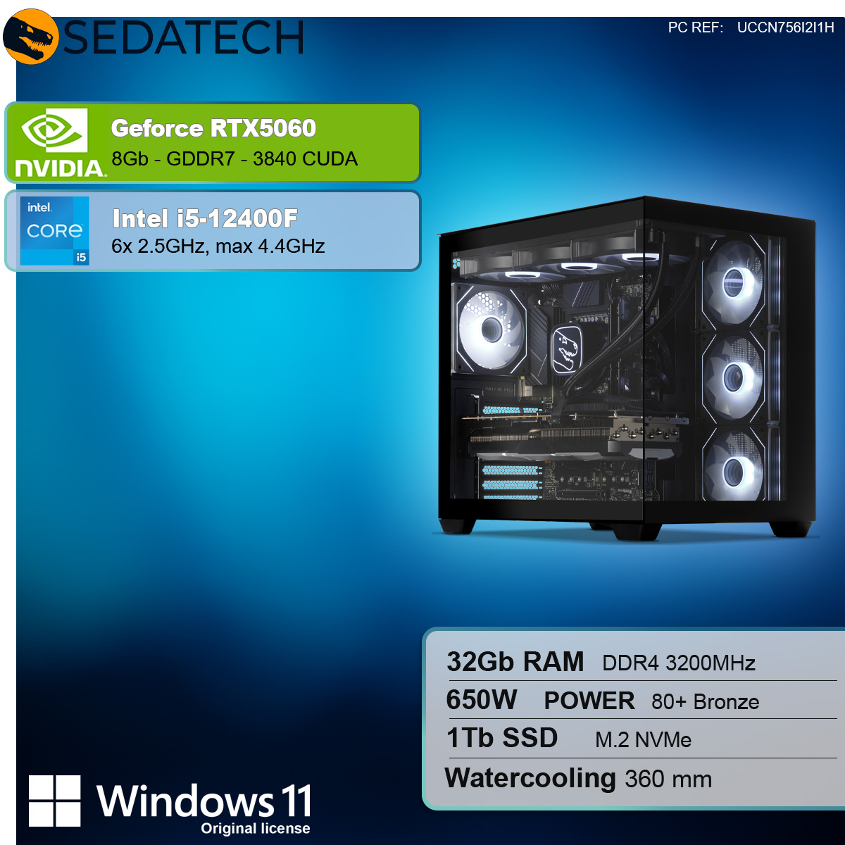Un computer desktop con etichette che descrivono i componenti, tra cui una NVIDIA GeForce RTX 5060.