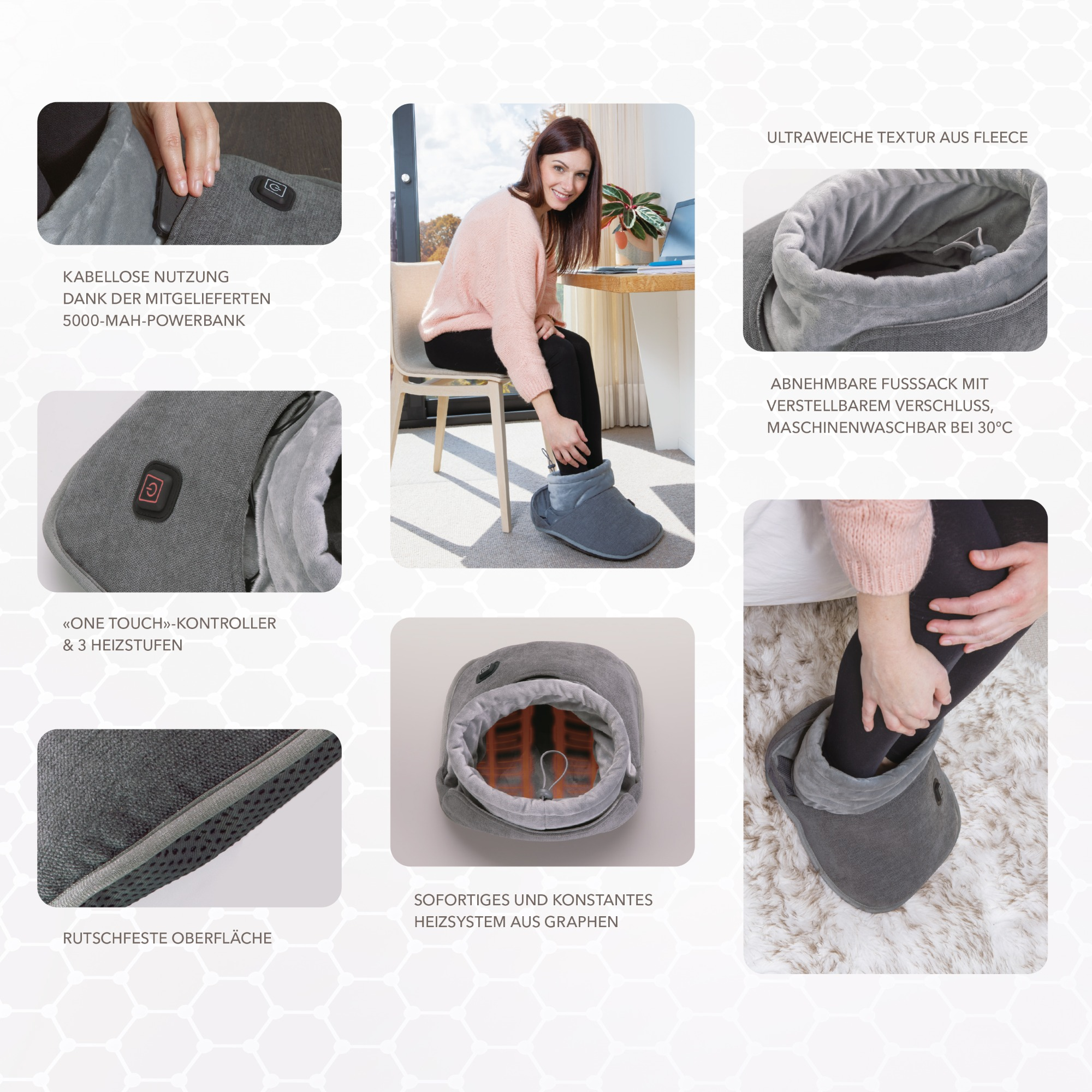 Mehrere Bilder von grauen Heiz-Fußwärmern. Produktmerkmale und Symbole sind um die Bilder herum.