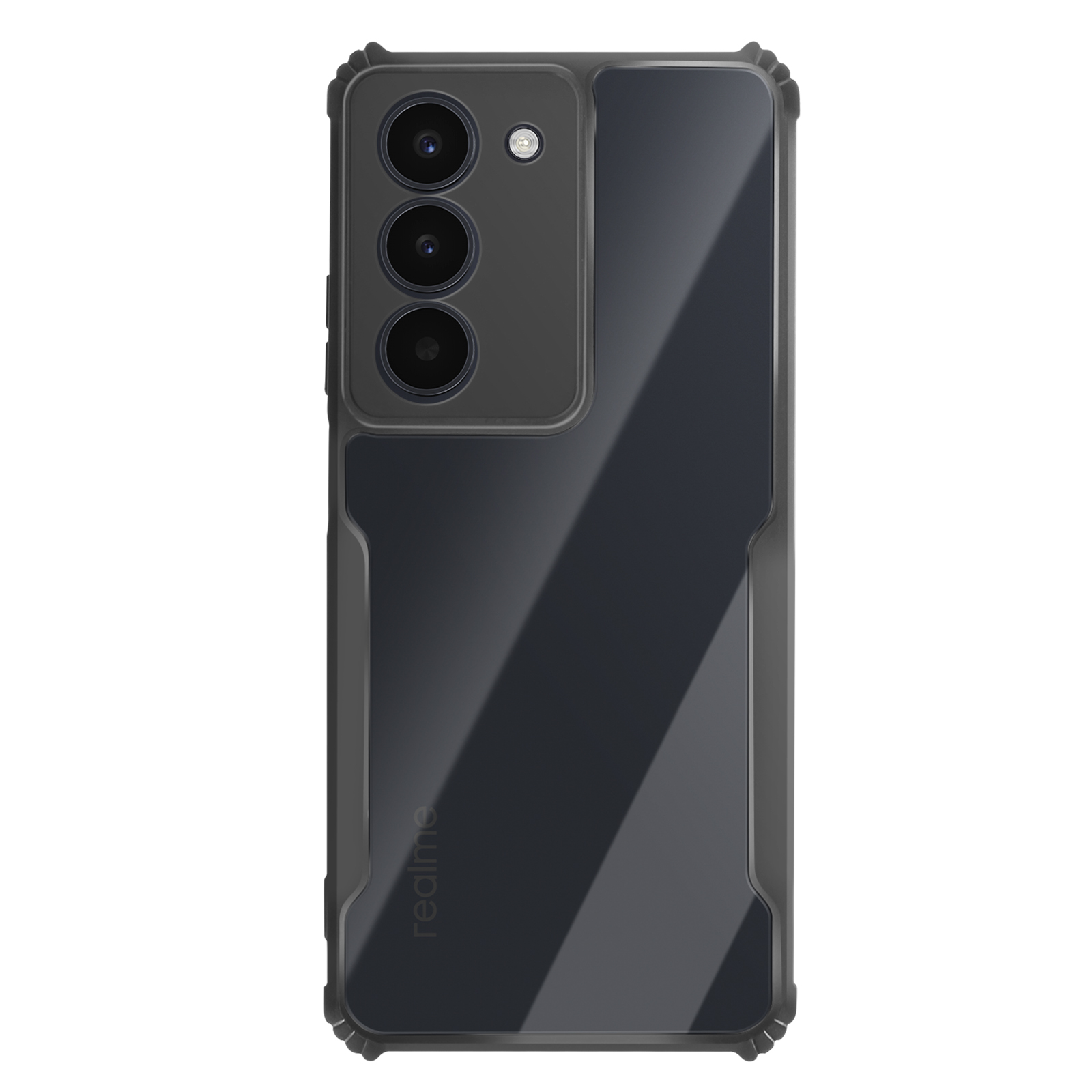 Custodia nera per telefono con fotocamera, logo Realme e retro trasparente protettivo.