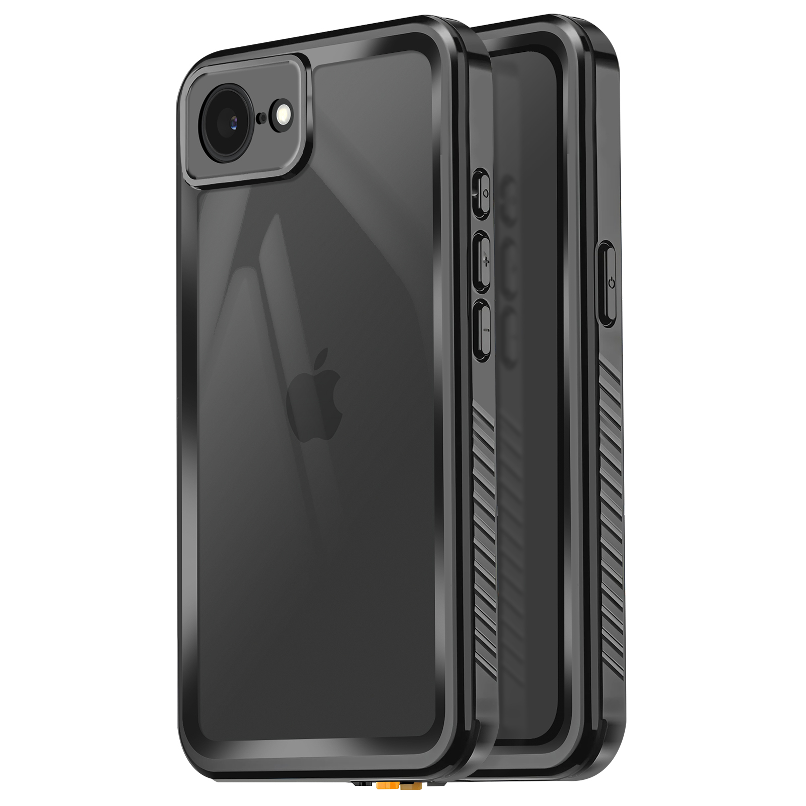 Custodia nera con retro trasparente, logo Apple visibile e pulsanti laterali.