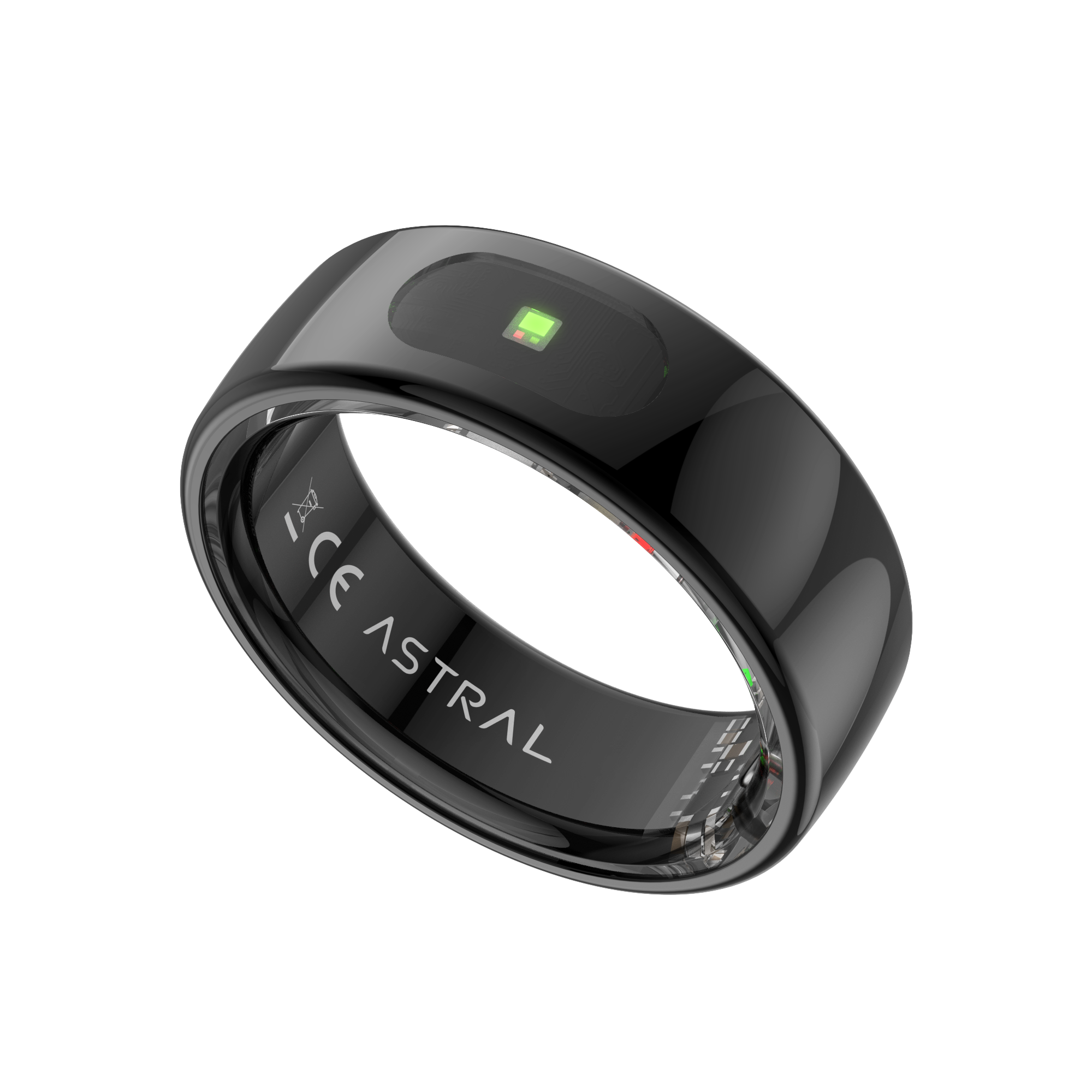 Czarny pierścień z ekranem, zielonym światłem i wygrawerowanym słowem 'ASTRAL'.