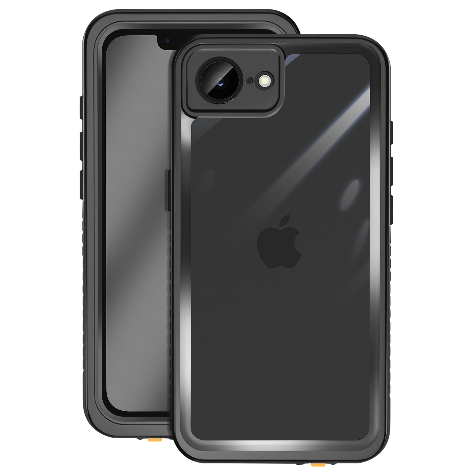 Smartphone nero in una custodia nera. La custodia è trasparente sul retro.