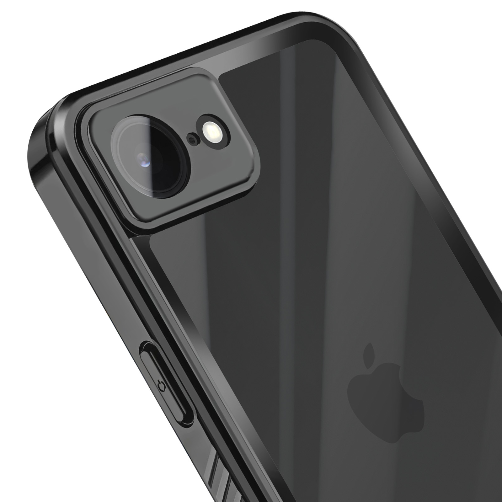 Primo piano di uno smartphone nero in una custodia nera, che mostra l'obiettivo della fotocamera.