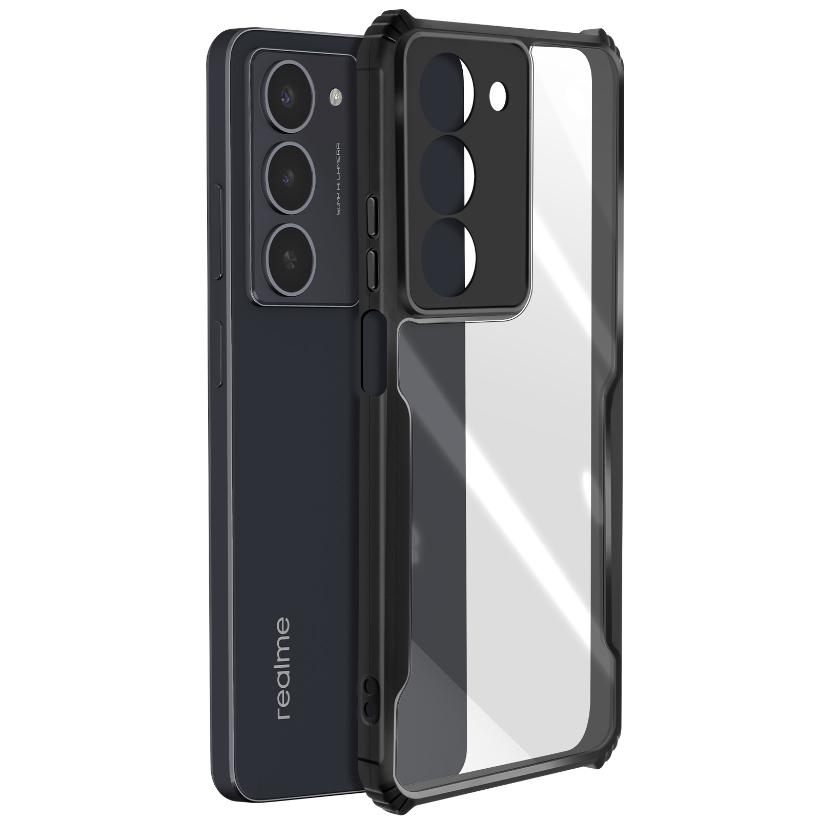 Smartphone nero con custodia trasparente. La custodia ha una cornice nera.