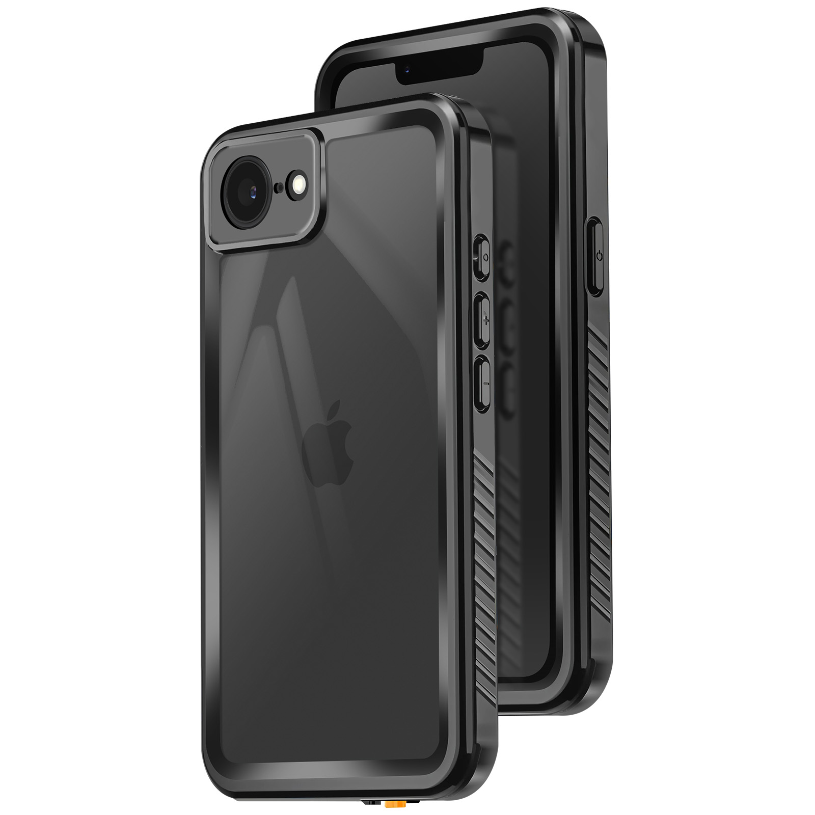 Smartphone nero in una custodia nera. La custodia è trasparente sul retro.