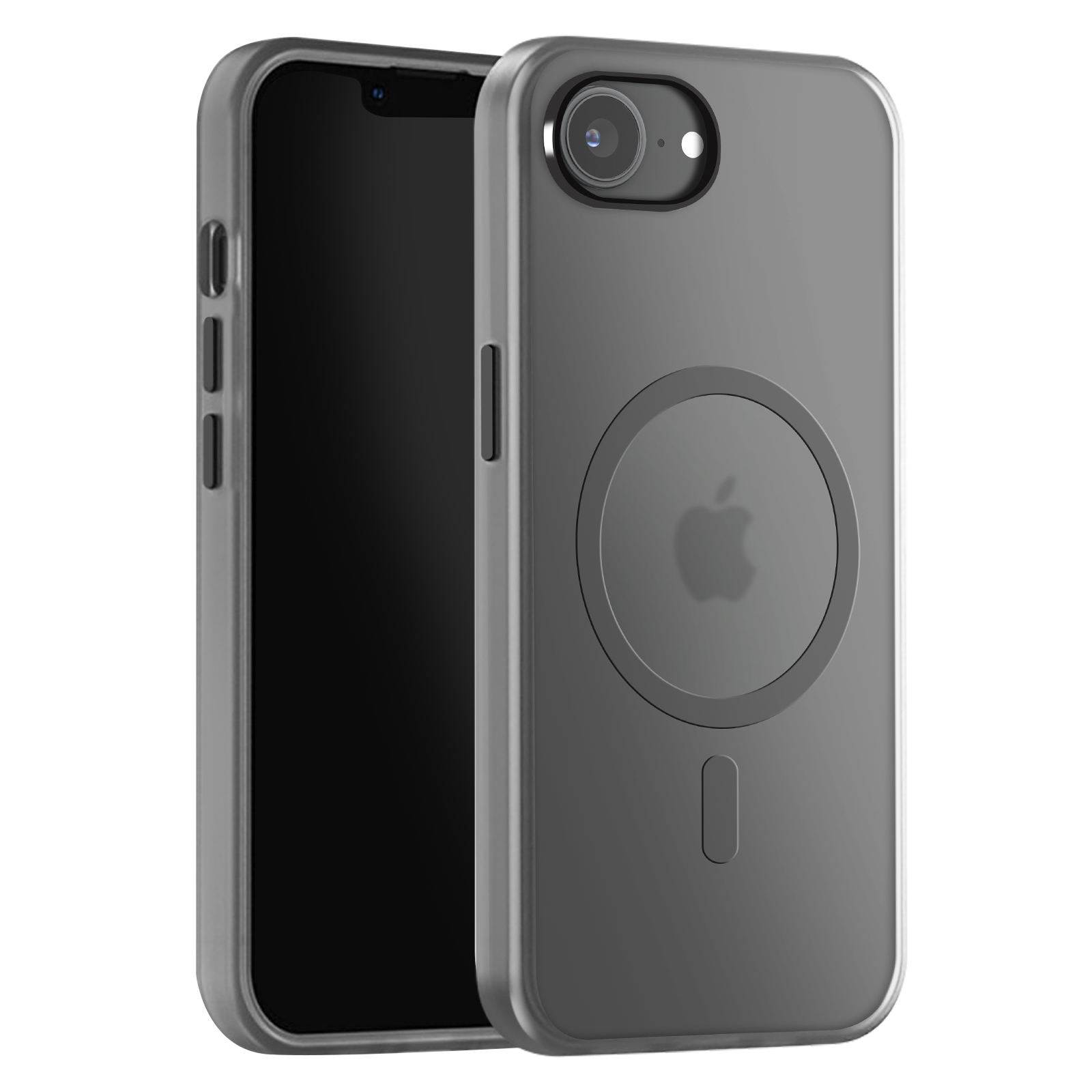 Grijze telefoonhoes met een magnetisch Apple-logo en een telefoon erin.