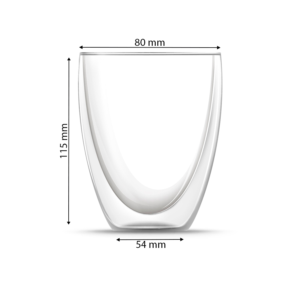 Doppelwandiger Becher aus klarem Glas mit Maßangaben. 115 mm hoch, 80 mm breit, 54 mm Basis.