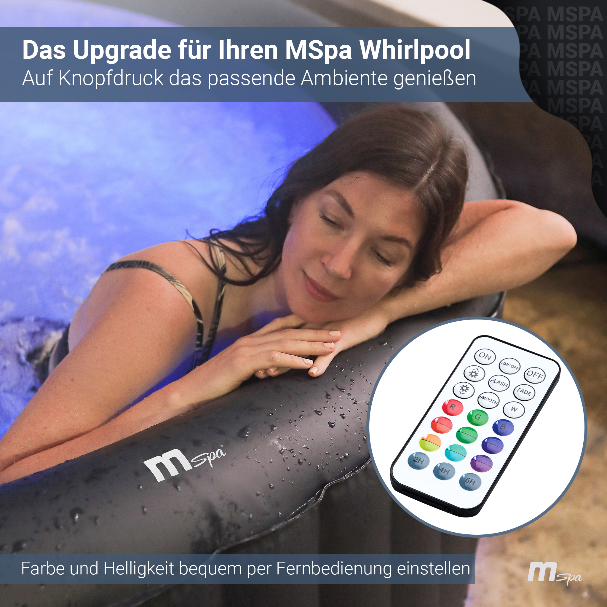 Frau im Whirlpool mit Fernbedienung. Text auf Deutsch: Upgrade für MSpa Whirlpool, Ambiente genießen.