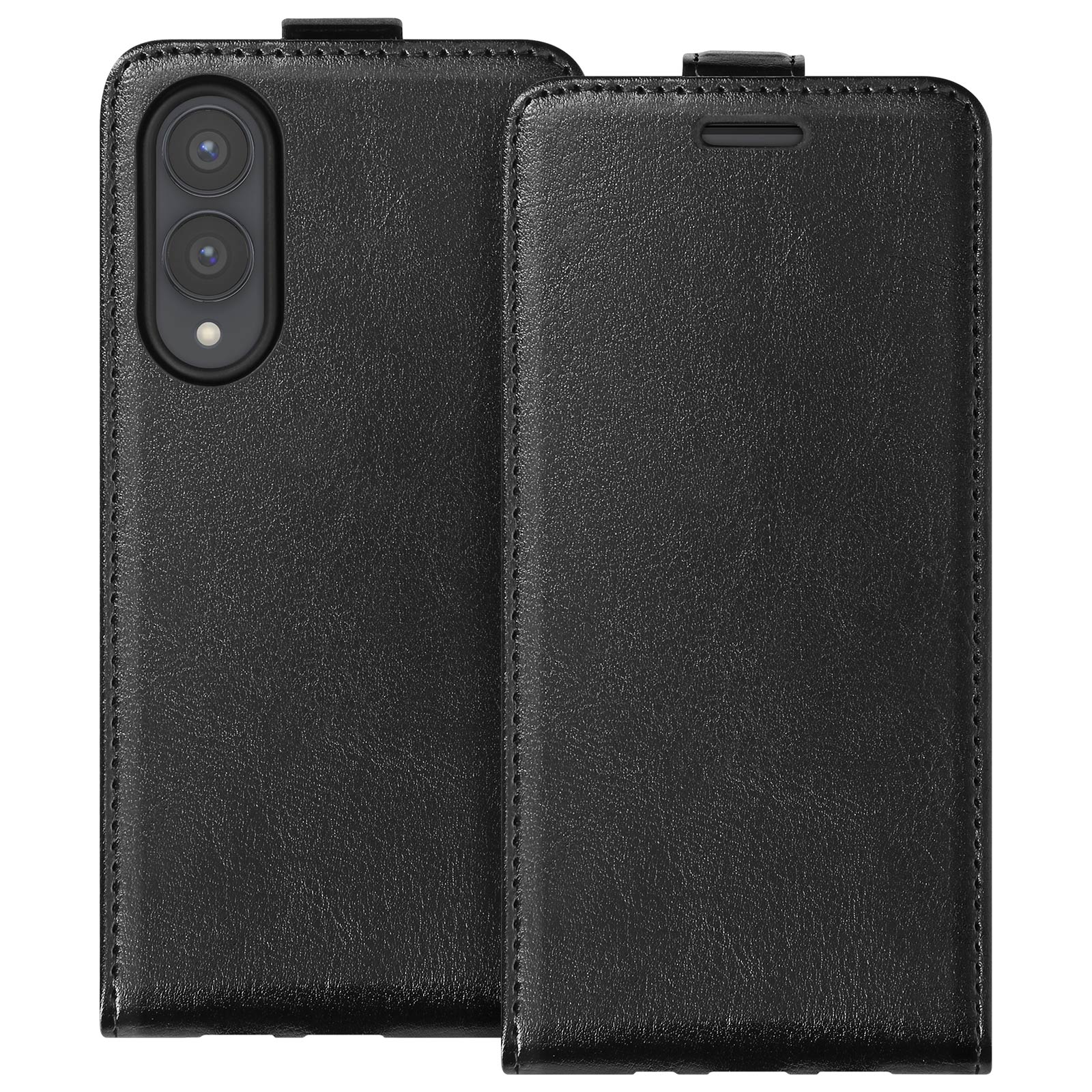 Custodia nera per telefono, chiusa, con intaglio per fotocamera. La custodia è strutturata in pelle.