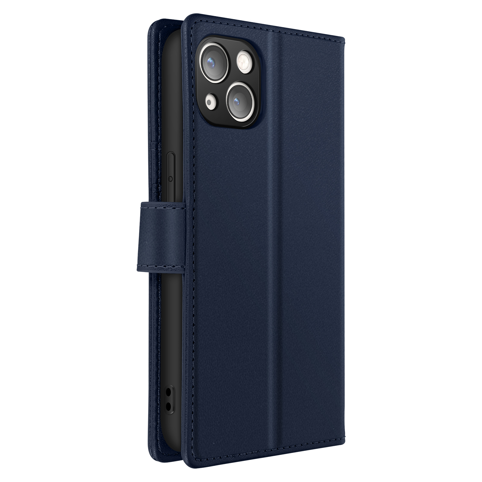 Custodia per telefono blu scuro, con fori per fotocamera e chiusura magnetica. La custodia è chiusa.