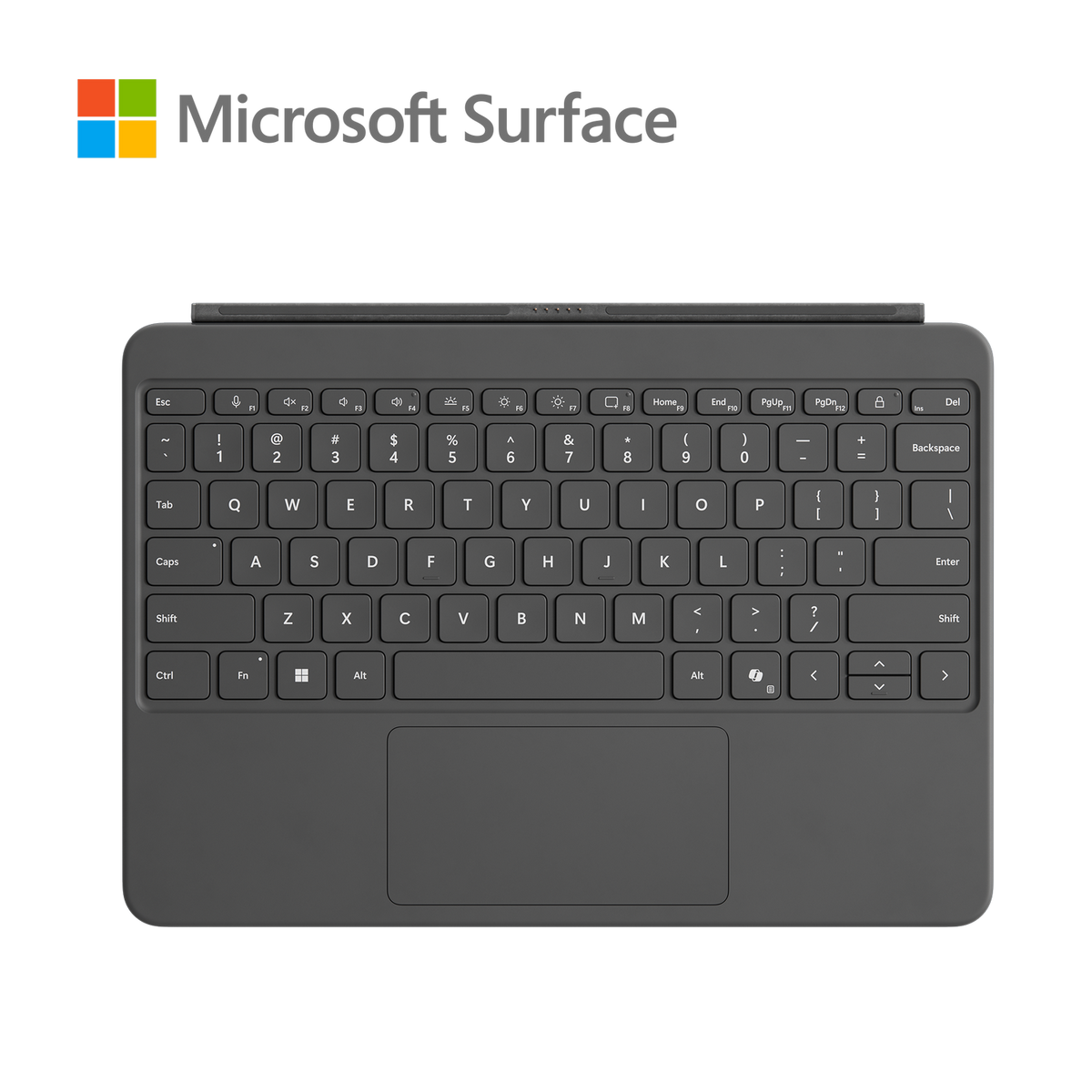 Tastiera nera con touchpad. Il logo Microsoft Surface è nell'angolo in alto a sinistra.