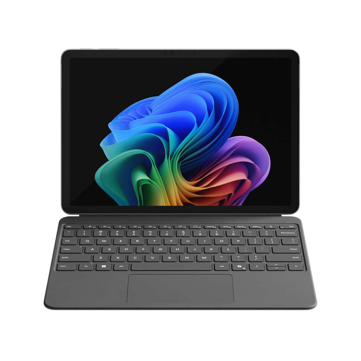 Tablet con tastiera collegata. Lo schermo mostra un'immagine astratta colorata, su sfondo nero.