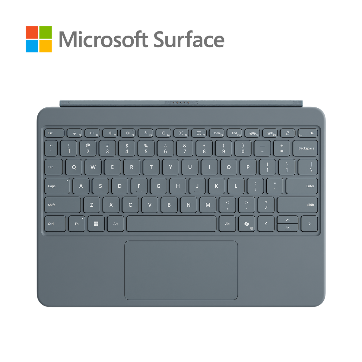 Tastiera grigia con touchpad. Il logo Microsoft Surface è in alto a sinistra.