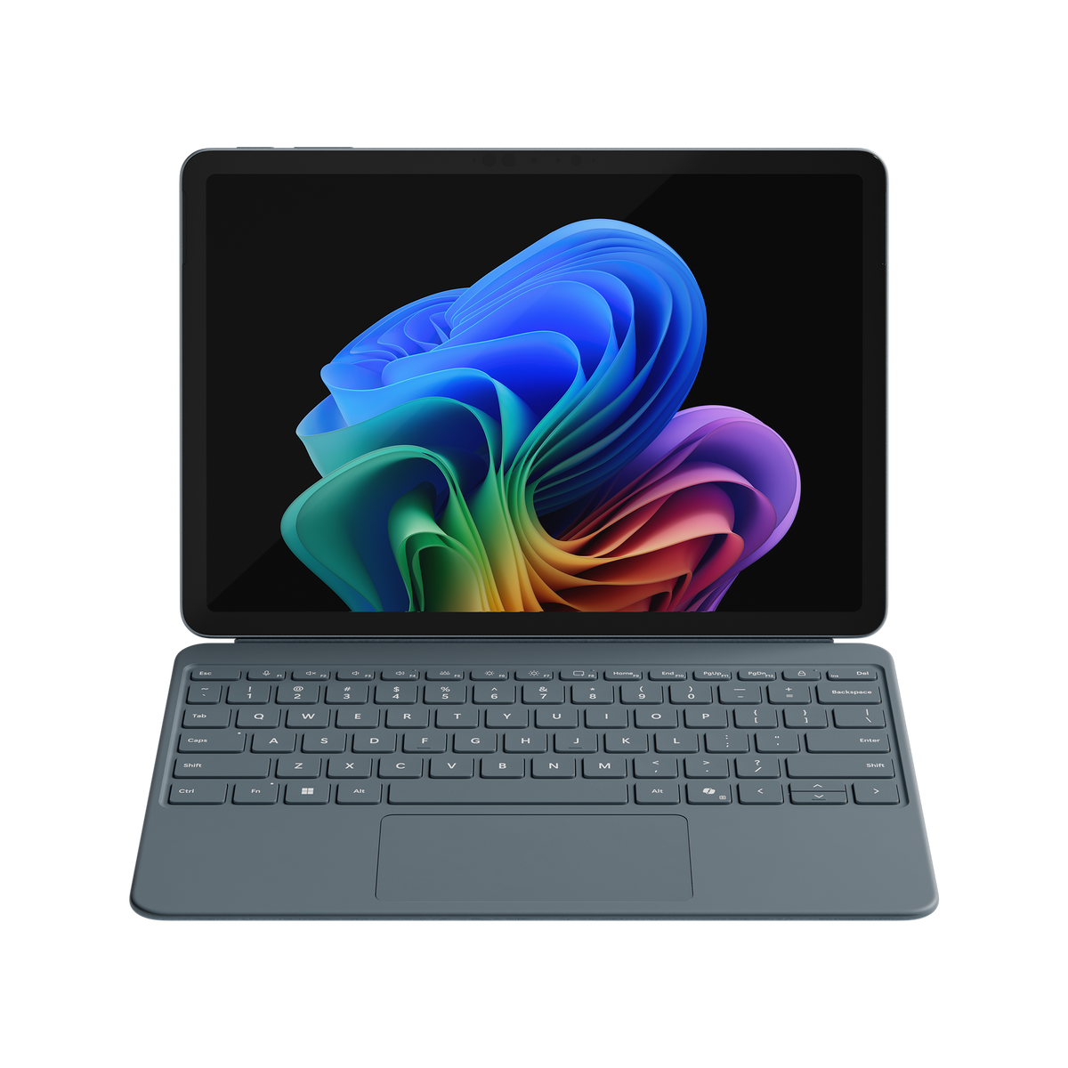 Tablet con tastiera collegata, che mostra un'immagine astratta colorata sullo schermo. Lo sfondo è nero.