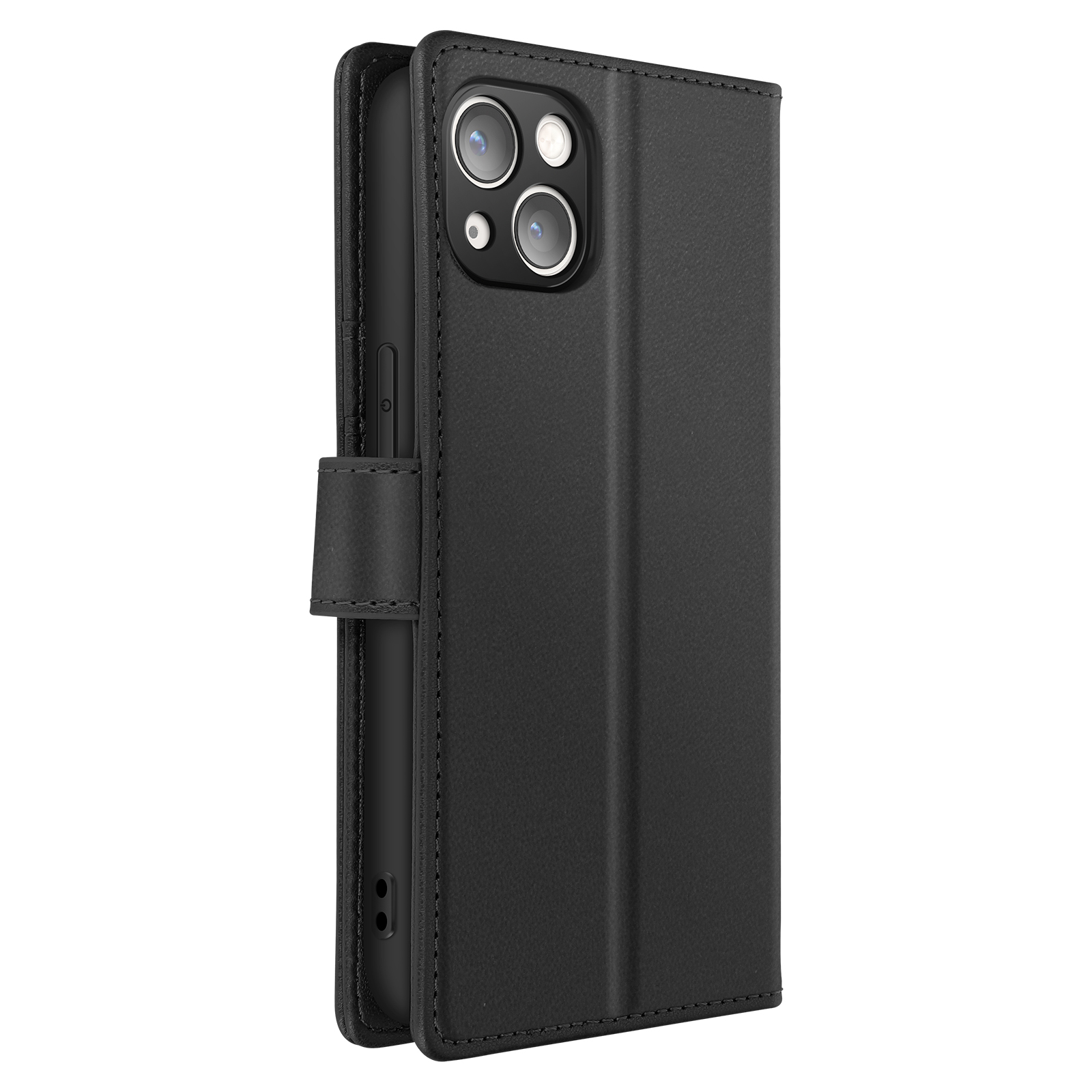 Una custodia per tablet nera è aperta. La custodia mostra il retro di un tablet con obiettivi della fotocamera. La custodia è chiusa.