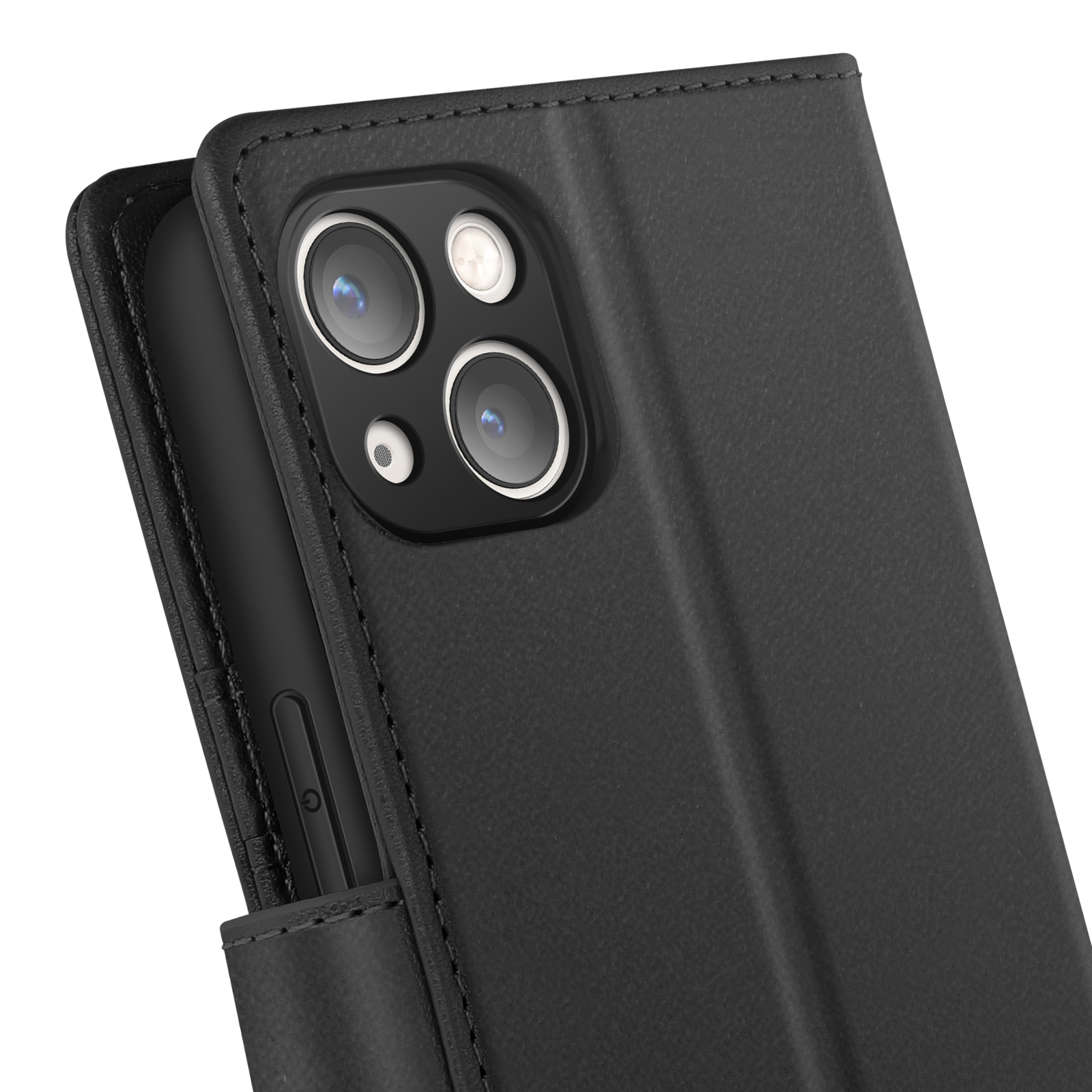 Primo piano di una custodia nera con un telefono all'interno. Il telefono ha due obiettivi per fotocamera.