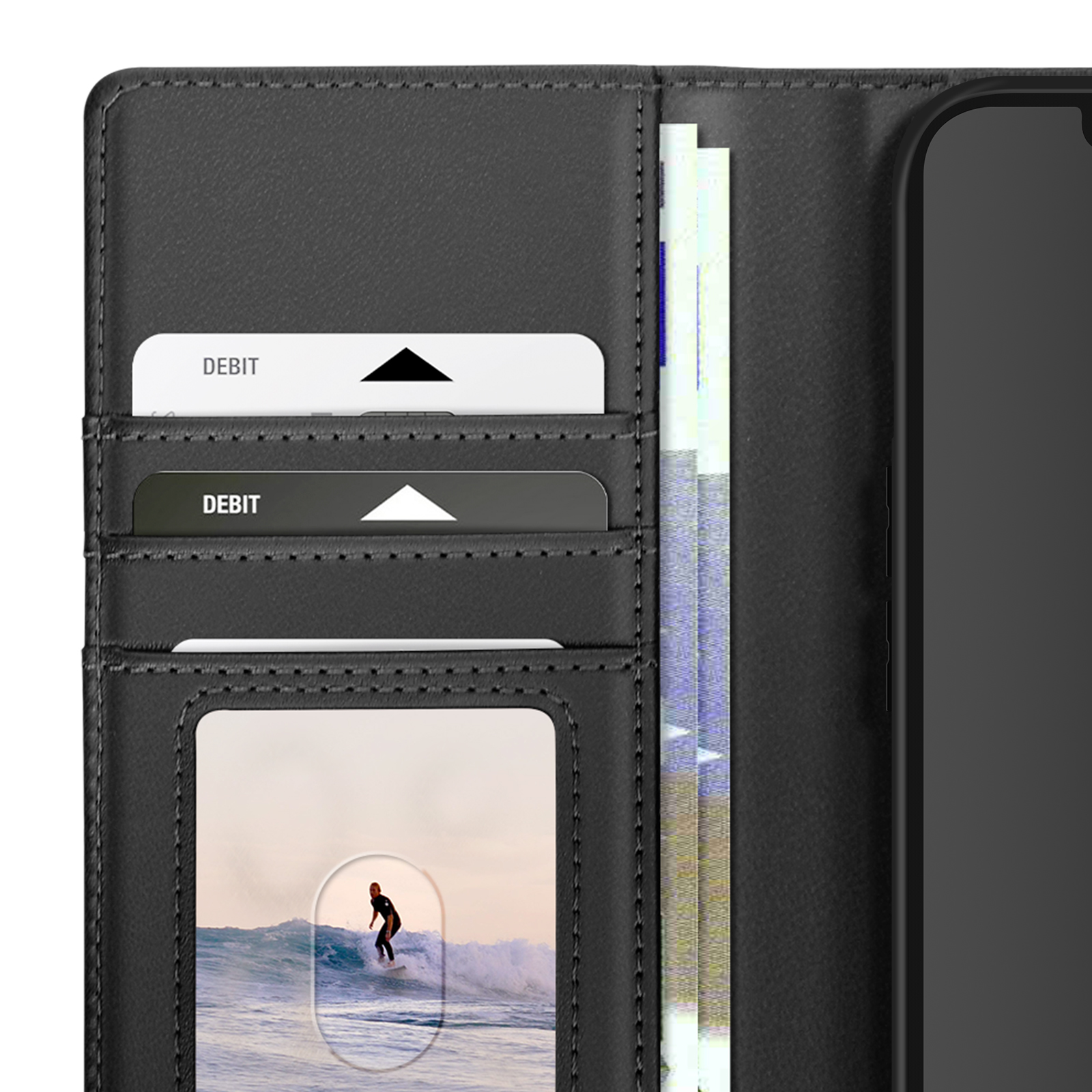 Una custodia per telefono in stile portafoglio nera con carte e denaro all'interno. Una persona sta facendo surf nella foto.