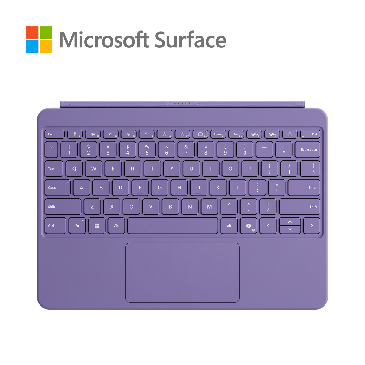 Funda teclado púrpura Microsoft Surface con teclas y panel táctil sobre fondo negro.