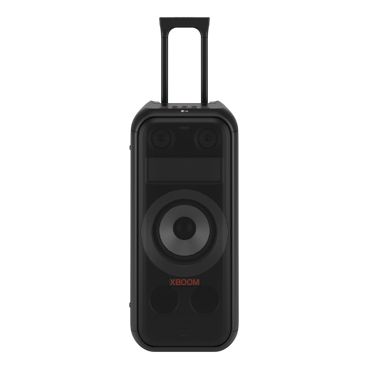 Altoparlante LG XBOOM nero con maniglia e un grande altoparlante al centro.