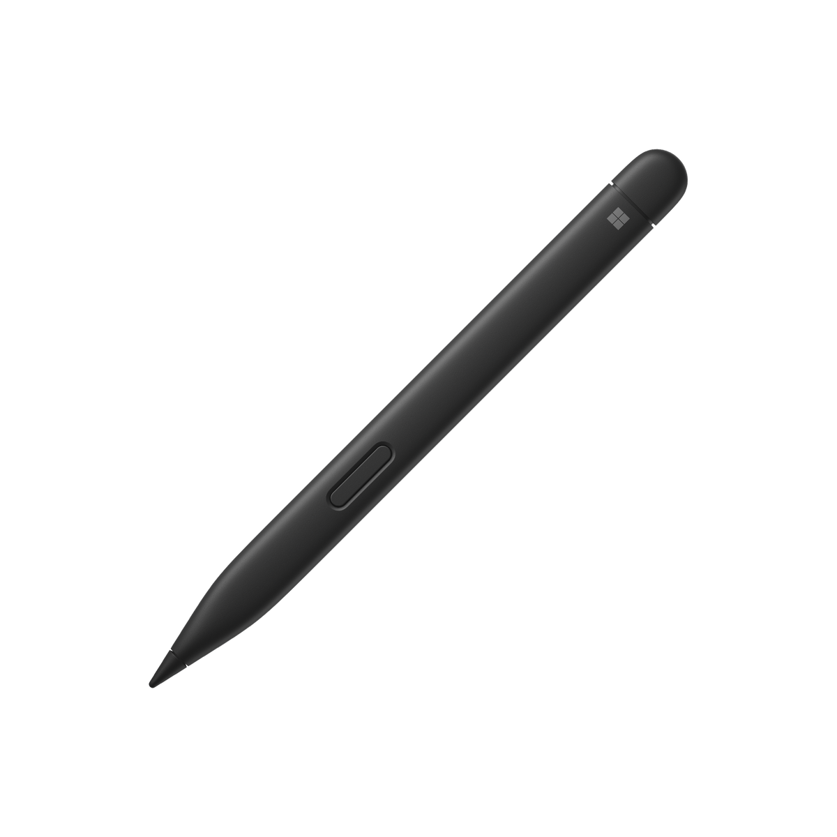 Un'elegante penna stilo nera su sfondo nero. Ha una parte superiore arrotondata e un piccolo pulsante.