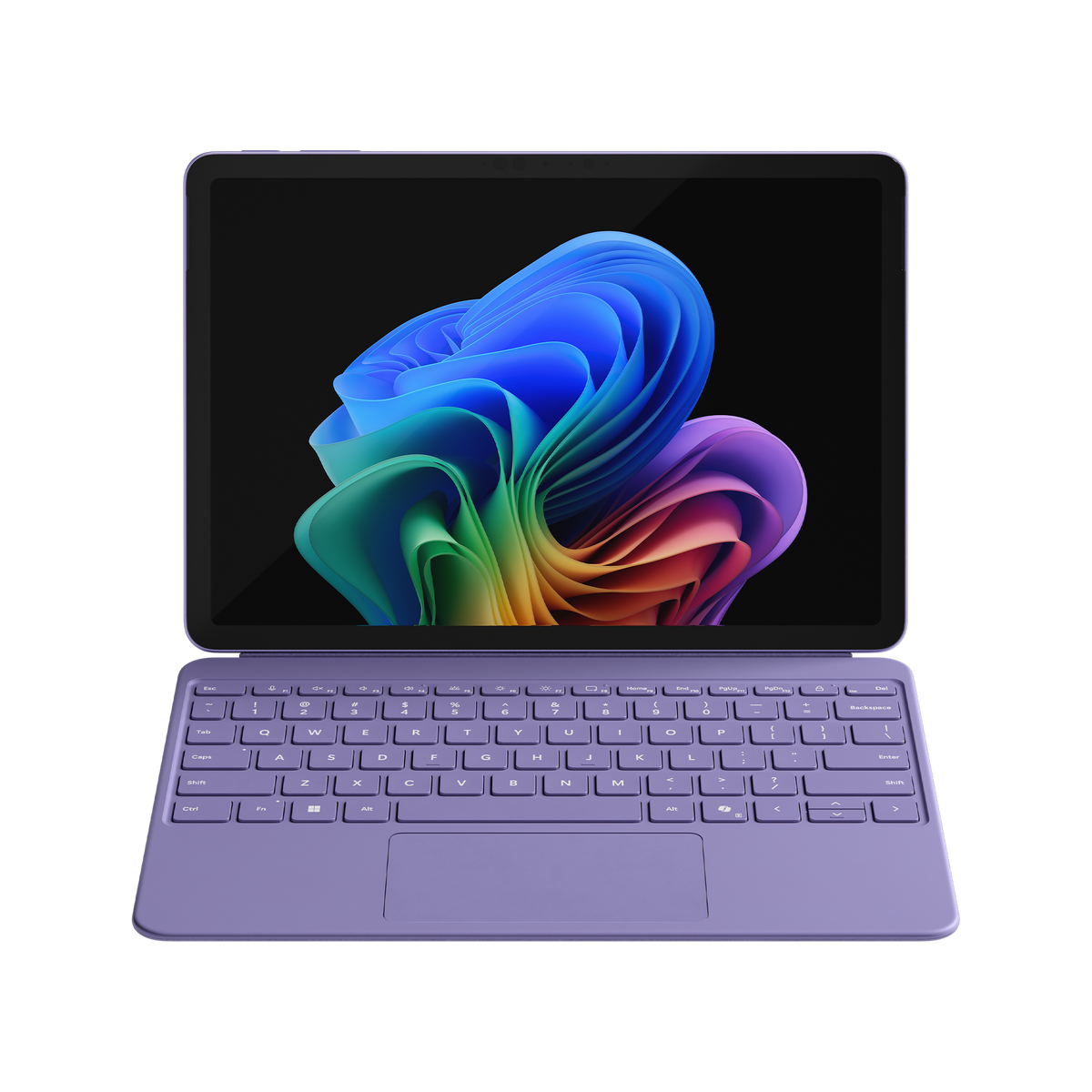 Tableta morada con teclado. La pantalla muestra una imagen abstracta colorida.
