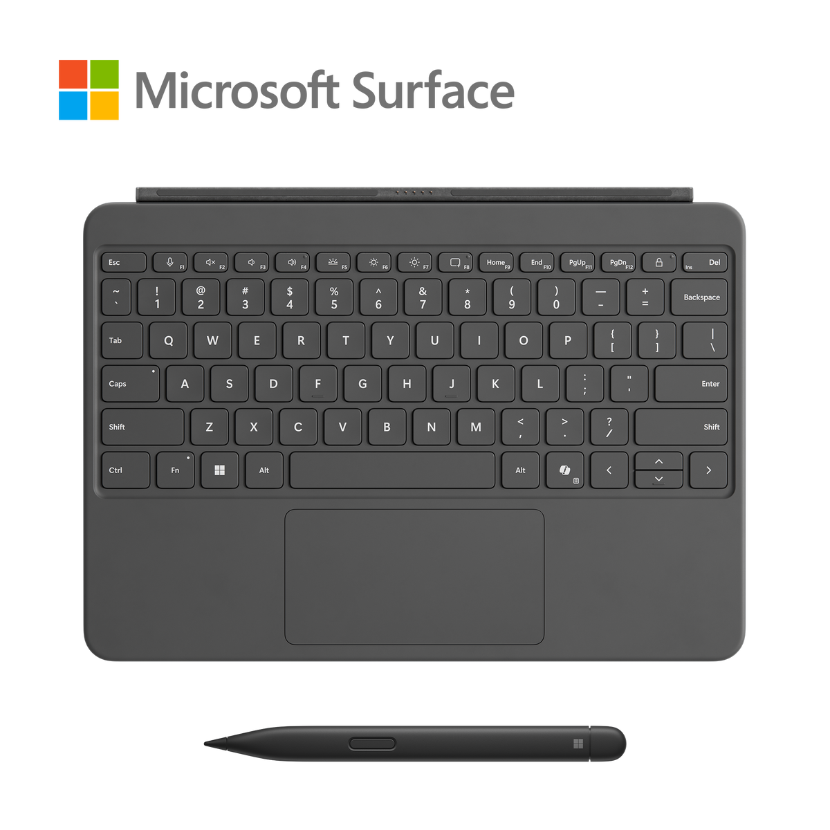 Tastiera e penna neri Microsoft Surface su sfondo nero. Il logo Microsoft è visibile.