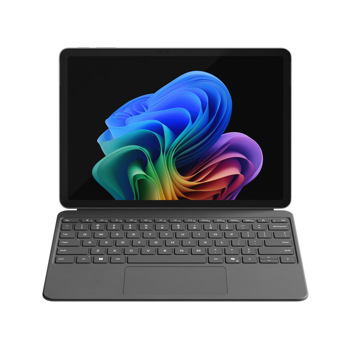 Un tablet con custodia per tastiera su sfondo nero, che mostra uno schermo colorato.