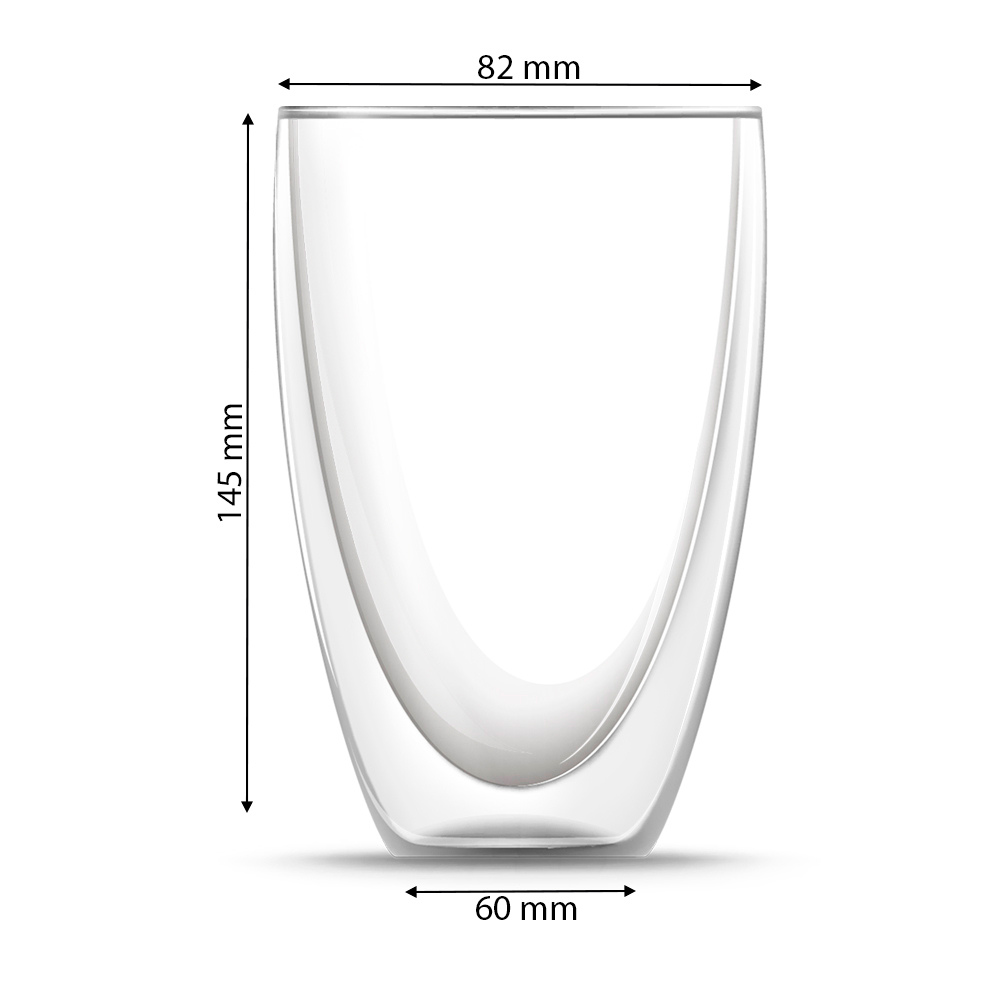 Klares doppelwandiges Glas mit den angegebenen Abmessungen: 145 mm hoch, 82 mm breit, 60 mm Basis. Weißer HG.