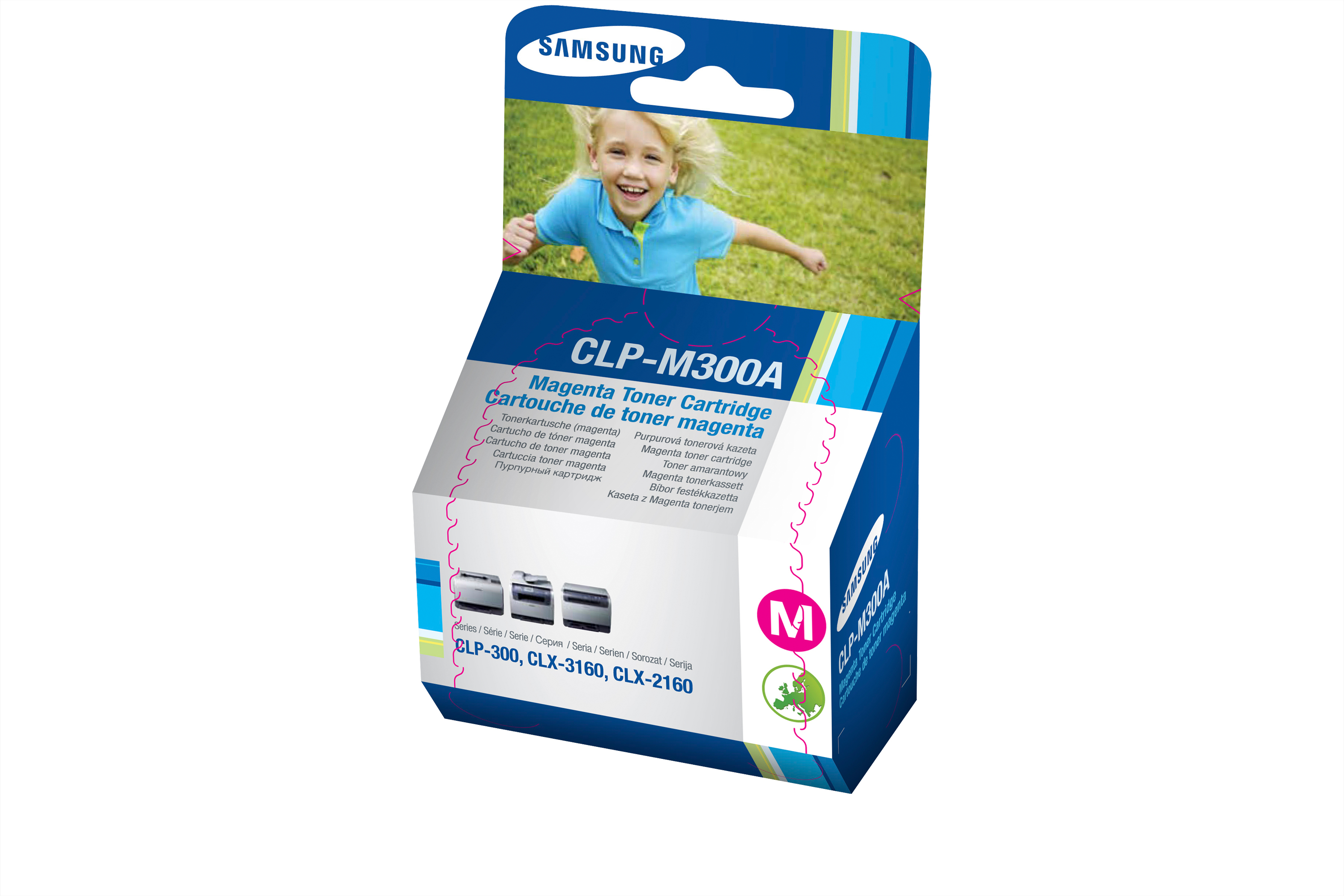 Una scatola di cartucce toner magenta Samsung con l'immagine di un bambino che corre.