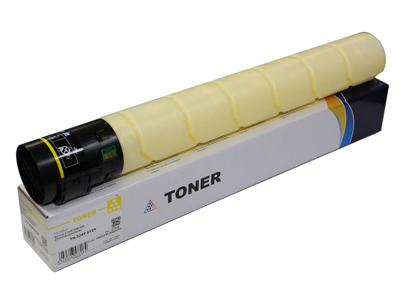 Cartuccia toner gialla con scatola bianca. Etichetta toner sulla scatola.