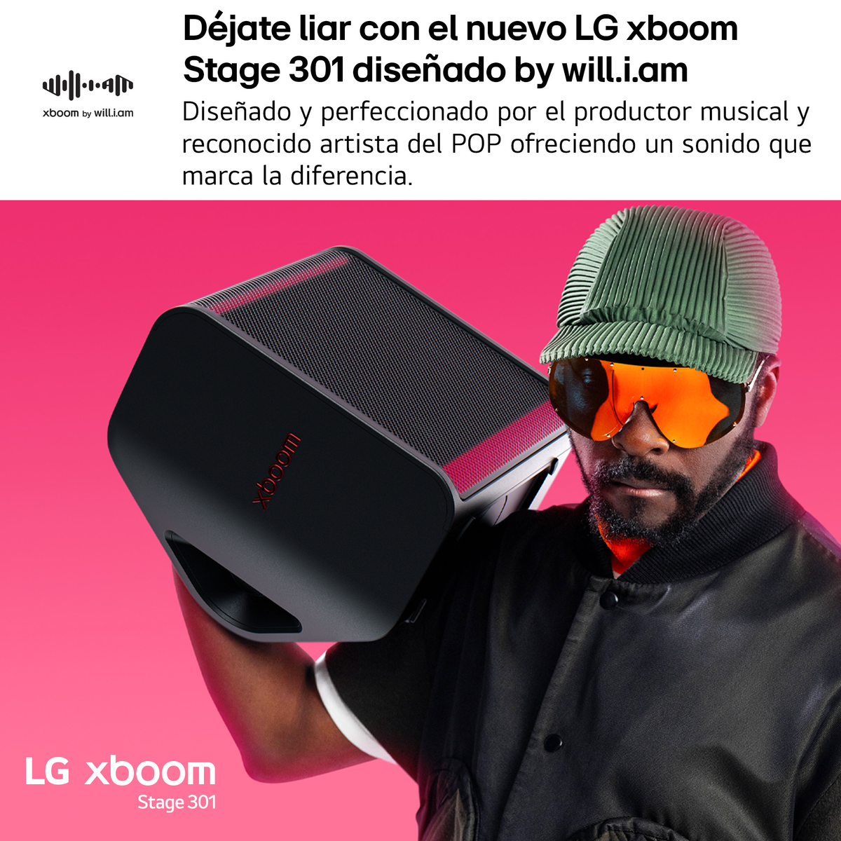Altavoz LG XBOOM Stage 301, sostenido por un hombre con gafas de sol y gorra, texto sobre fondo rosa.