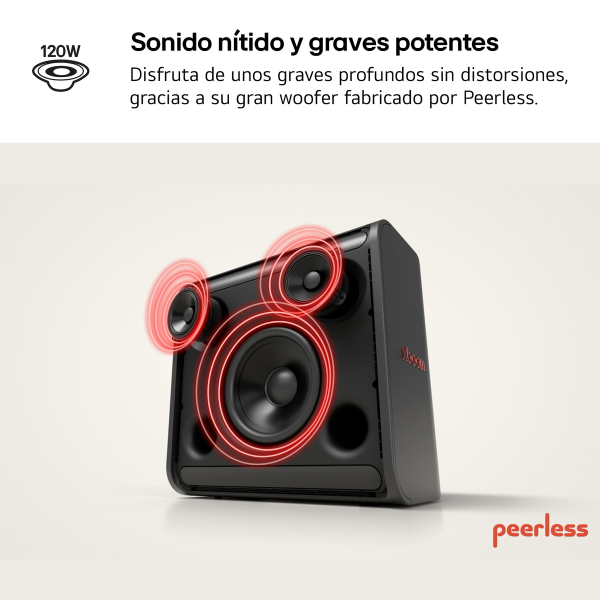 Altavoz negro con tres círculos rojos brillantes. Texto dice 'sonido claro y graves profundos'.