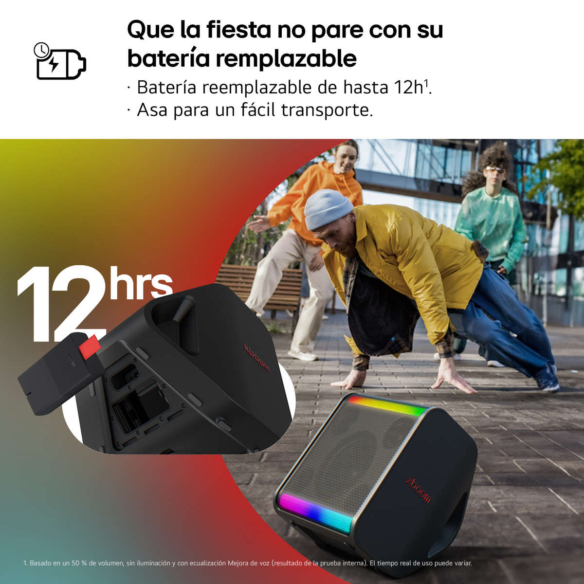Gente bailando con un altavoz, altavoz con luces y batería reemplazada, texto encima.