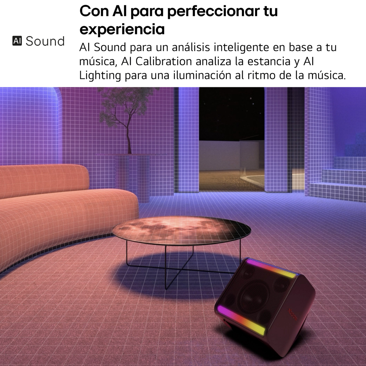 Una habitación con un altavoz y un sofá. El texto describe las funciones de sonido IA.