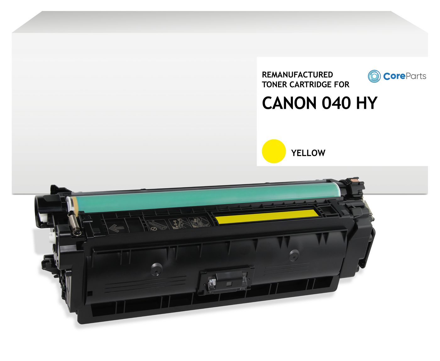 Cartuccia toner gialla rigenerata per Canon 040 HY, in una scatola bianca.