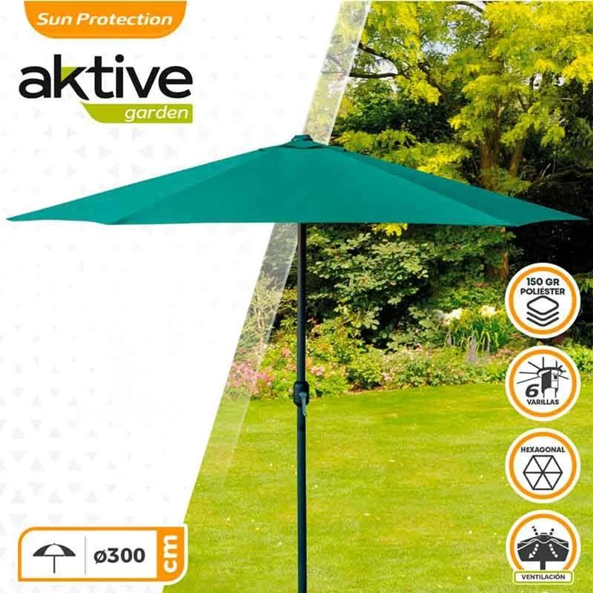 Zielony parasol ogrodowy na białym tle. Obok kilka ikon.