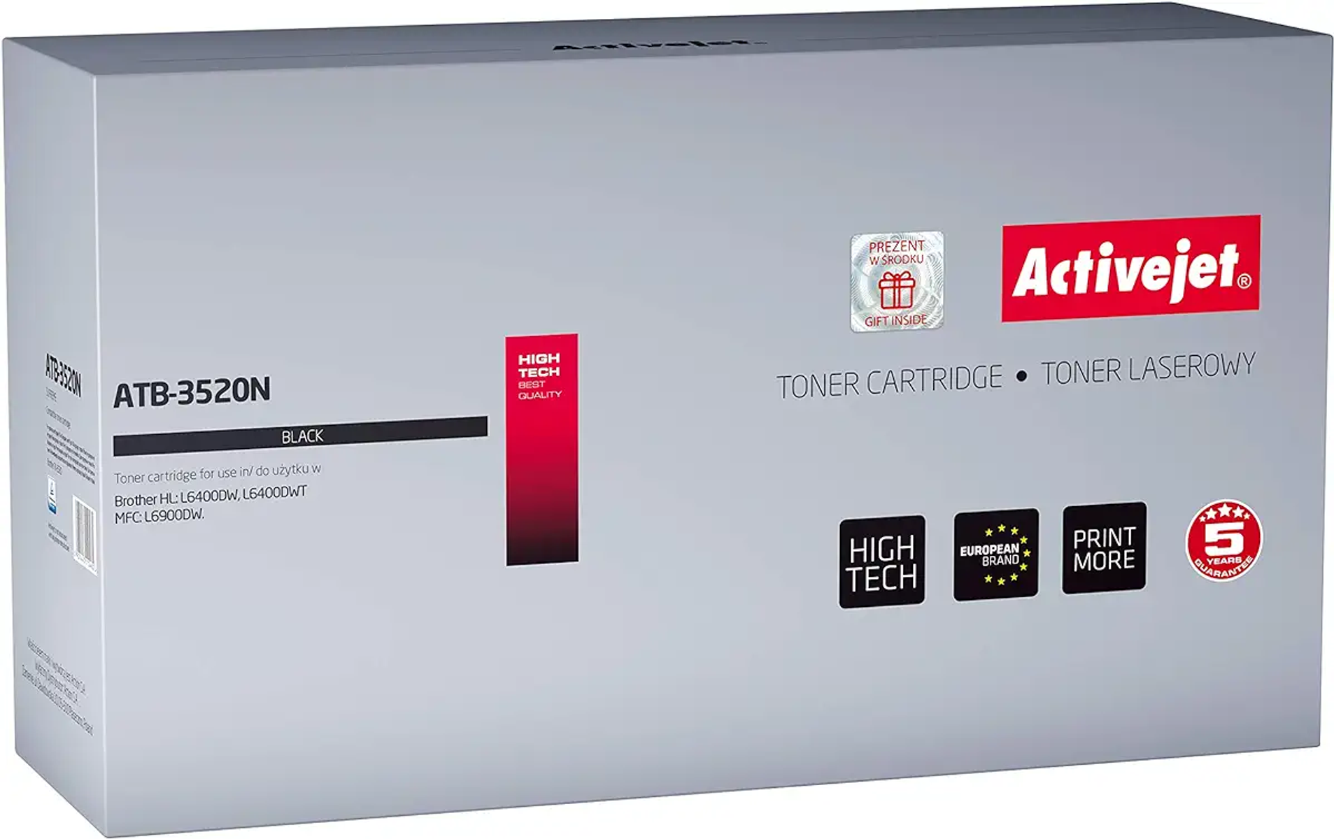 Pudełko z wkładem do drukarki. Pudełko jest szare z czarnym tekstem i czerwonym akcentem.