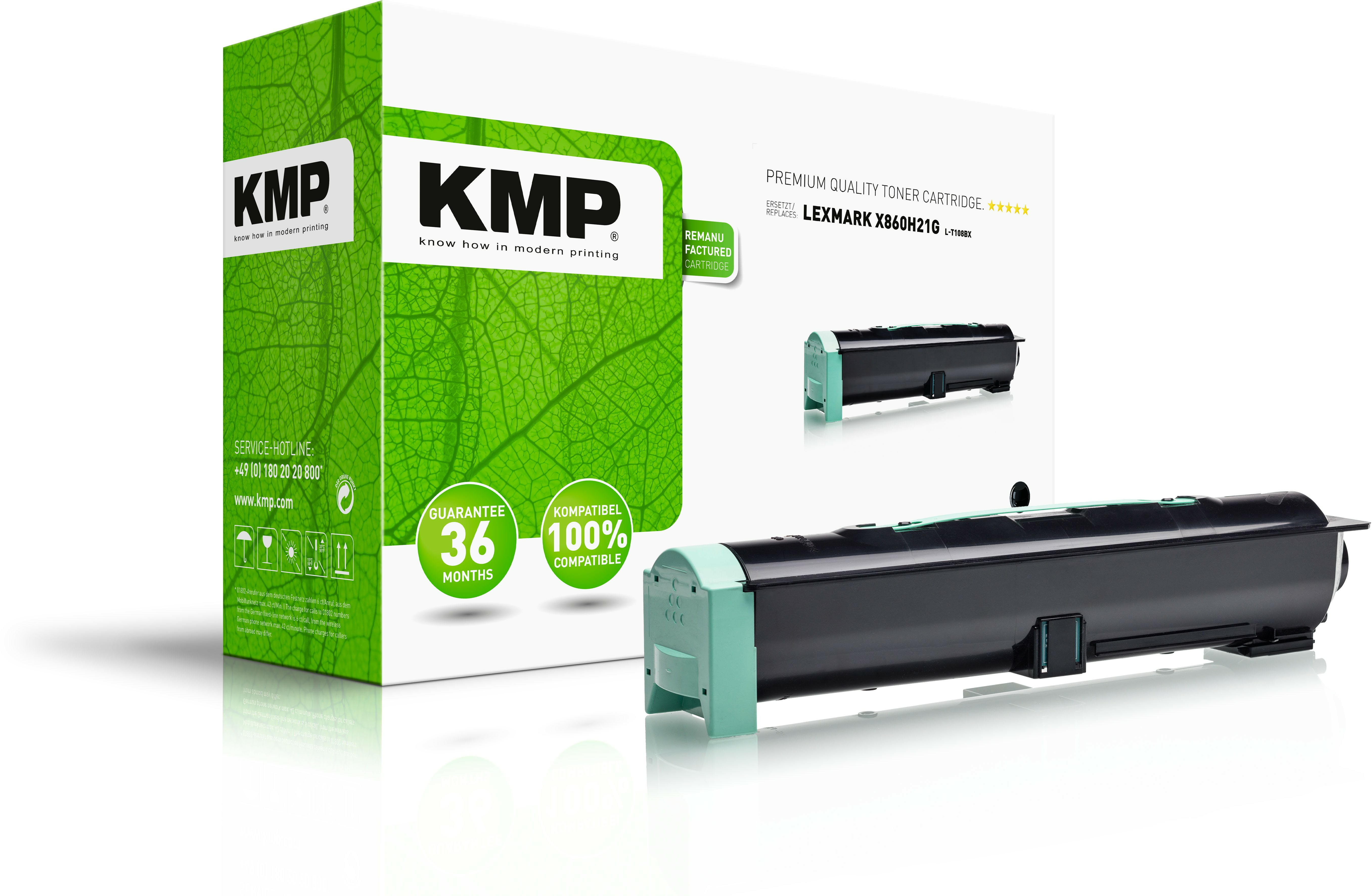 Toner w pudełku z etykietami KMP i Lexmark, z gwarancją i deklaracją zgodności.